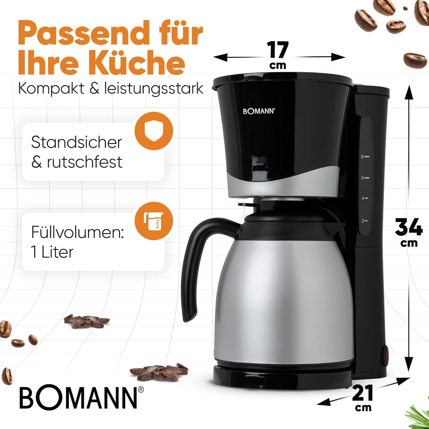 Cafetieră Bomann® cu termos | pentru 8-10 cești de cafea | fără pierderi de temperatură | cafetieră cu filtru | 1 litru | Espressor | Cafetieră cu filtru cu termos | KA 168 negru