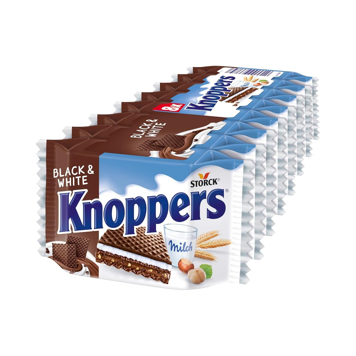 Knoppers Bianchi e Neri – 8 x 25g – Fette di wafer ripiene di wafer al cacao fondente, pezzetti di biscotti neri, crema al latte e torrone