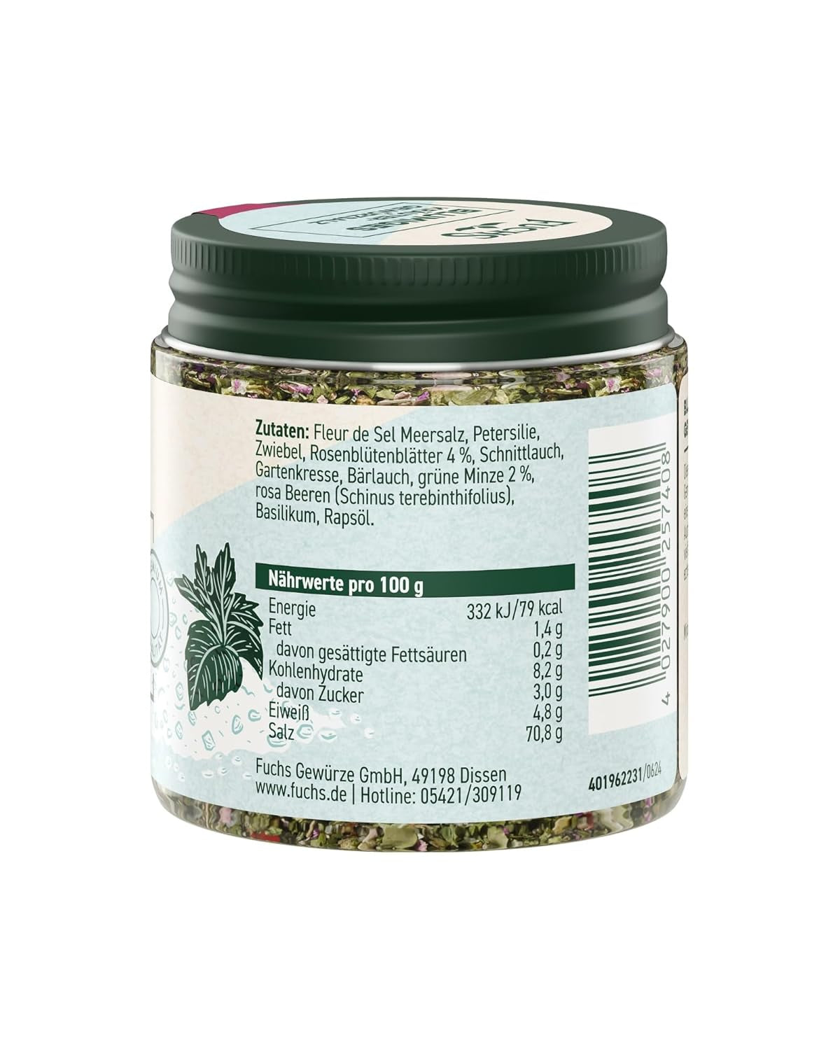 Fuchs Gewürze - Blumiges Kräutersalz | Gewürzsalz mit Rosenblütenblättern, Minze & Salz | Verfeinert Gemüse und Pasta-Gerichte | 45 g nel wiederverschließbaren Gewürzglas