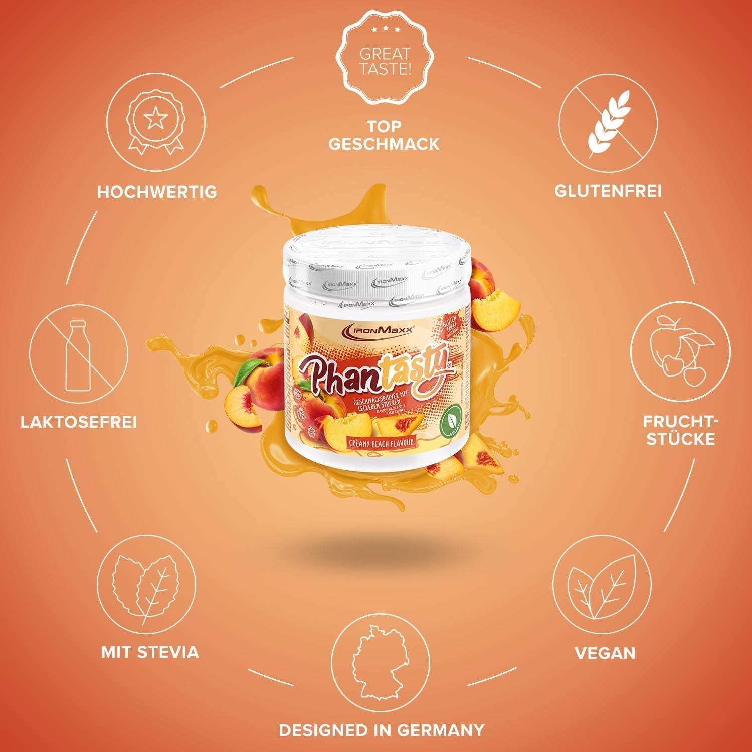 Ironmaxx Phantasty - Dose cremosa alla pesca 250G | Vegan Geschmackspulver Mit Echten Frucht- Oder Nussstückchen | Perfekter Zuckerersatz Dolcificanti Naty Shop