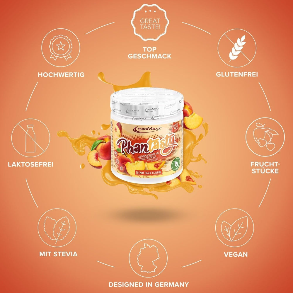 Ironmaxx Phantasty - Dose cremosa alla pesca 250G | Vegan Geschmackspulver Mit Echten Frucht- Oder Nussstückchen | Perfekter Zuckerersatz Dolcificanti Naty Shop