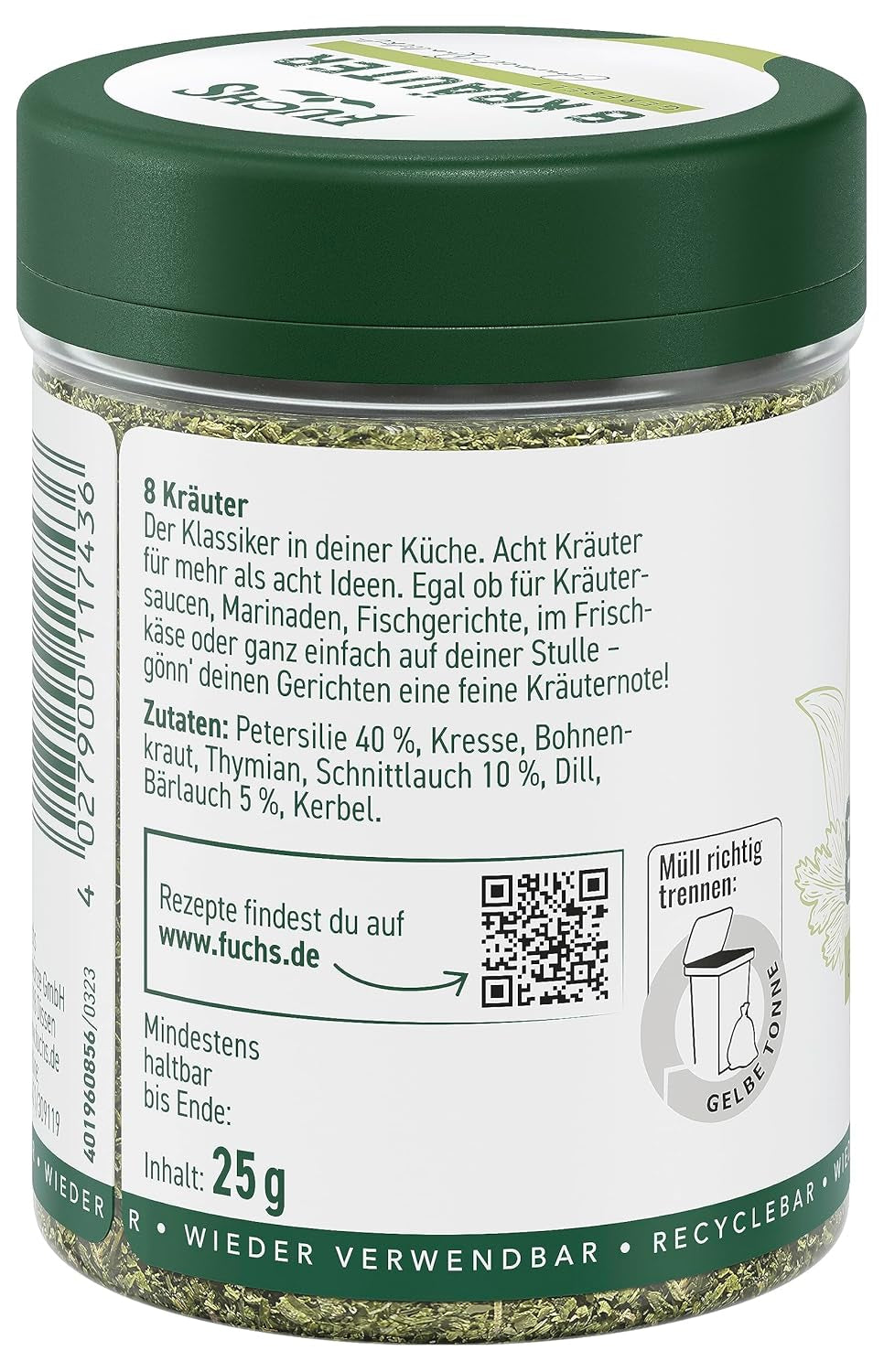 Fuchs Gewürze - 8 Kräuter gerebelt - Kräutermischung für Marinaden, Fischgerichte oder Kräuter-Frischkäse - ingredienti naturali - 25 g in wiederverwendbarer, recyclebarer Dose