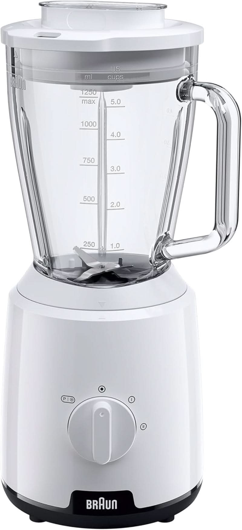 Braun Powerblend 1 JB1050WH - Robot da cucina con miscela di vetro da 1,5 L, Küchenhelfer Zum Zerkleinern, Pürieren & Mixen, funzione Ice-Crush, 2 Geschwindigkeiten, 600 Watt, Weiß Bucatarie Naty Shop Weiß Glas-Mixaufsatz