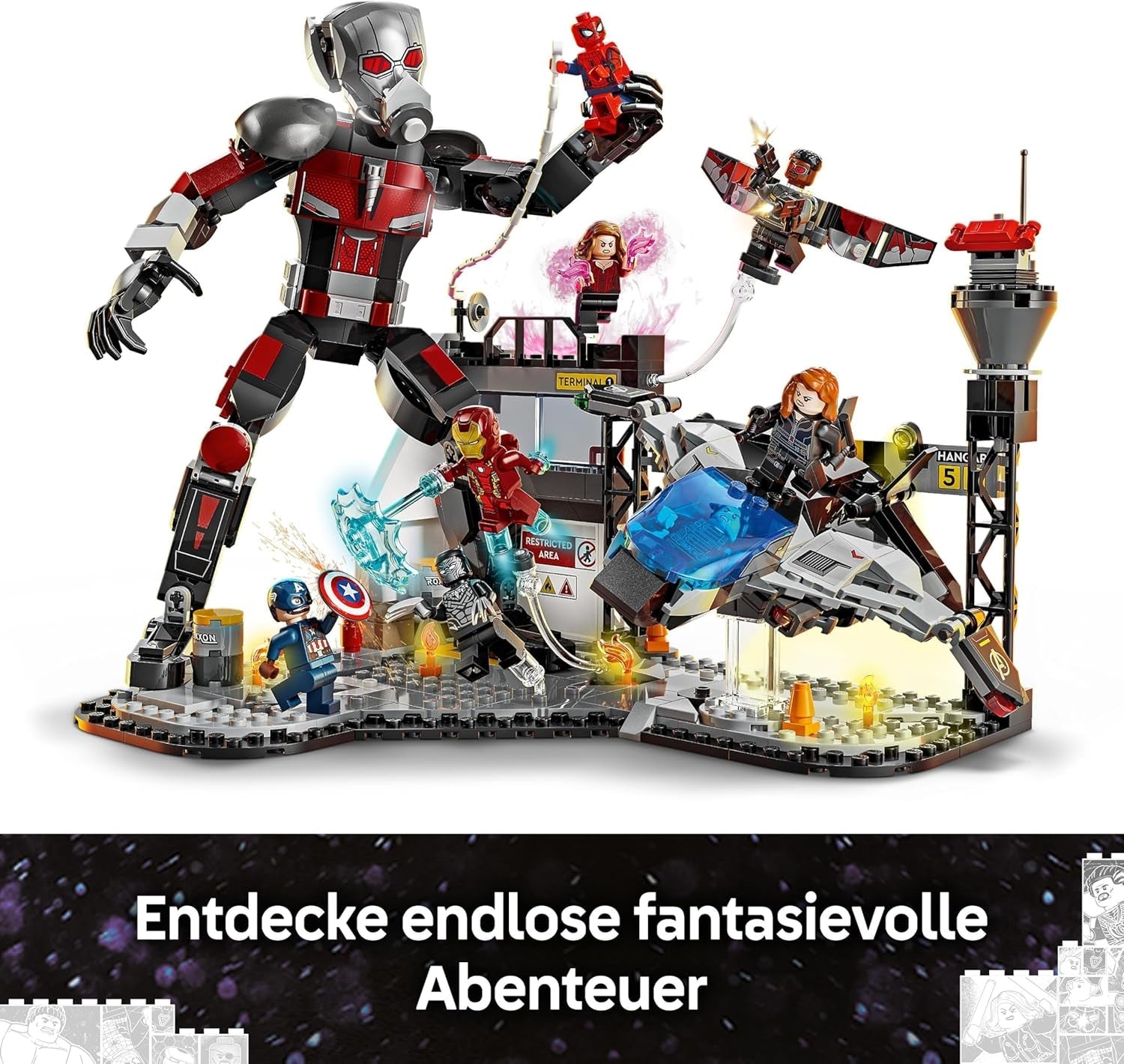 LEGO Marvel Captain America: Civil War Action Duel - Set da gioco di supereroi con 8 minifigure - Set da costruzione e da gioco per aeroplano giocattolo - Regalo per ragazzi e ragazze 76314 Set da costruzione Besuche den LEGO-Store