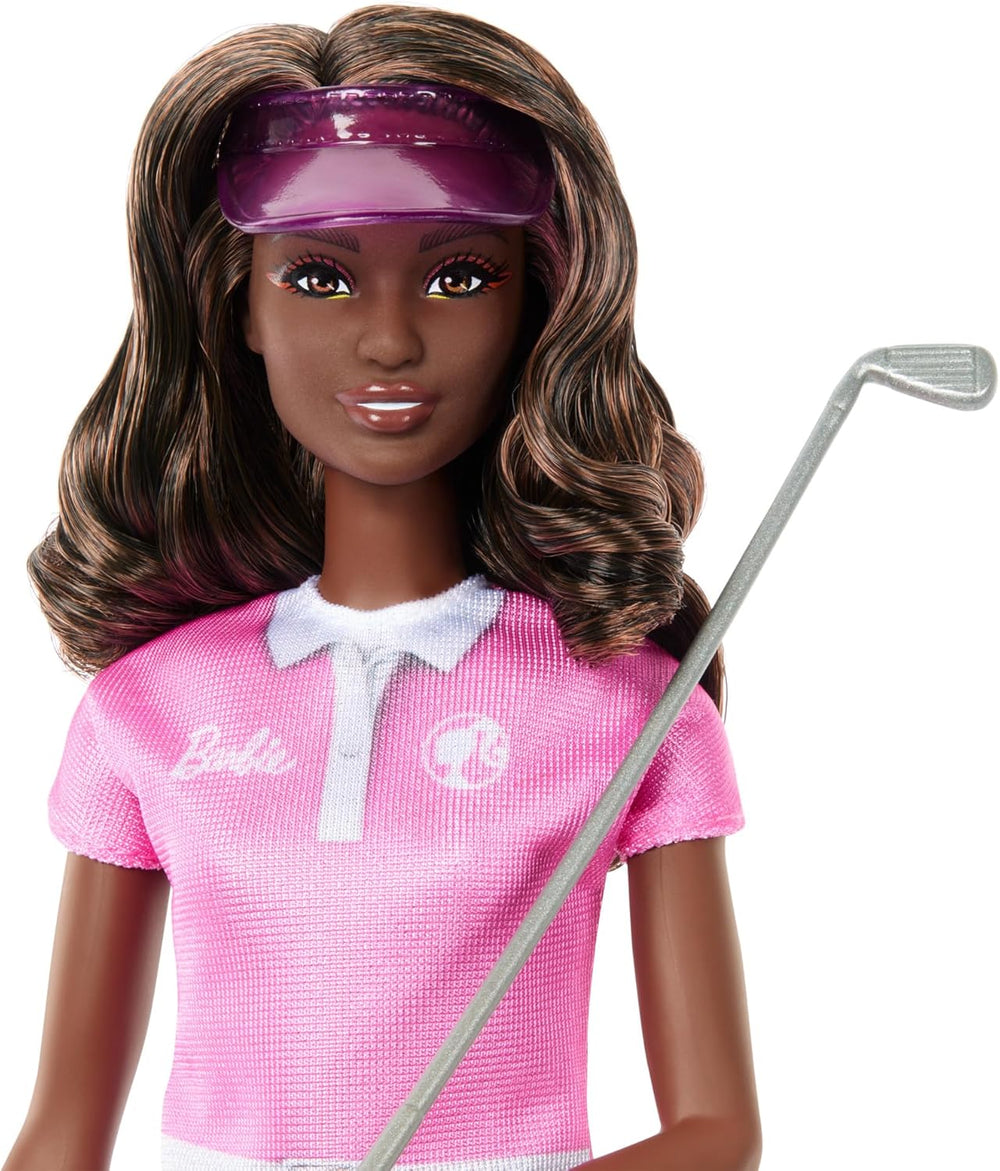 Păpușă Barbie Golfer Brunetă în Rochie Polo Roz Detașabilă, Uniformă de Golf, Include Șapcă și Accesorii pentru Crose de Golf, JCR69