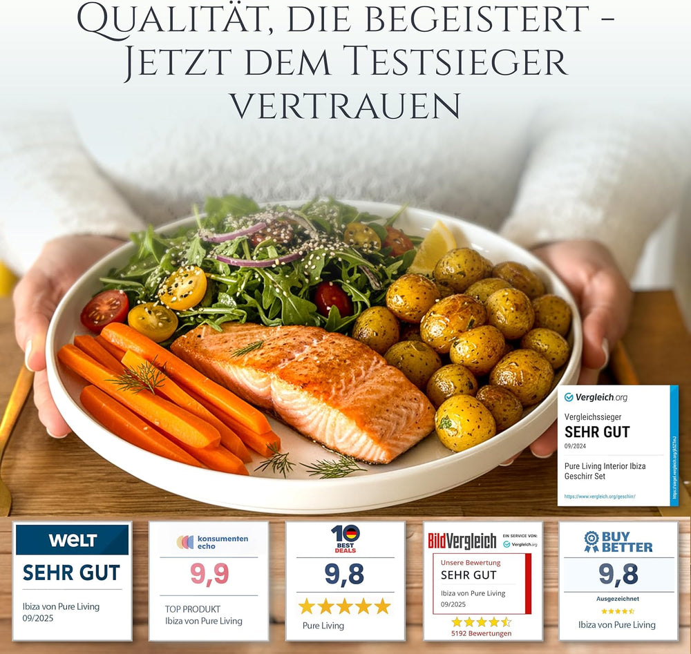 Set de veselă din porțelan pentru 12 persoane, Crystal 48 de piese, CÂȘTIGĂTOR AL TESTULUI, Set de veselă din porțelan transparent, set de boluri și farfurii, serviciu de cină pentru 12 persoane, Seturi de veselă Pure Living în alb