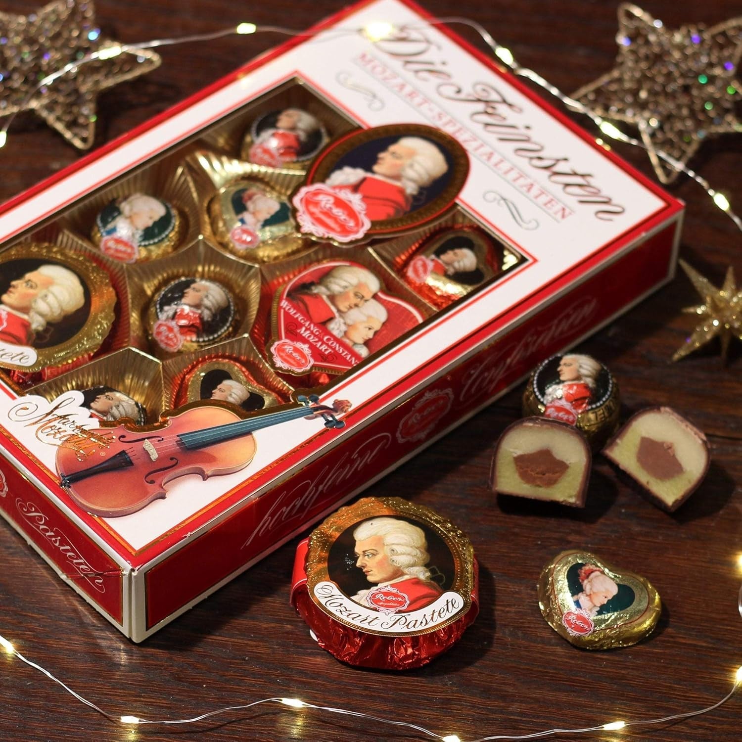 Bile Reber Mozart cu ciocolată neagră, pachet de 6 cu marțipan și nuga, vegane - 1 x 120 g