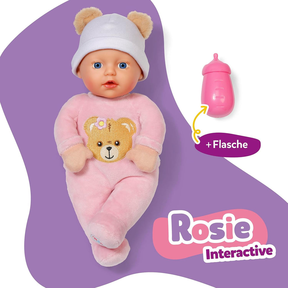 Păpușă moale Baby Born Rosie 30 cm cu 6 sunete și biberon, roz