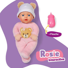 Păpușă moale Baby Born Rosie 30 cm cu 6 sunete și biberon, roz