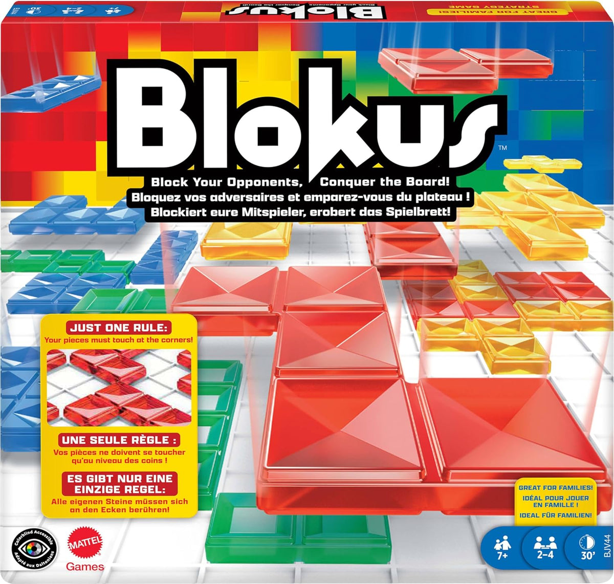 Mattel Games Blokus Gioco, Gioco da tavolo per famiglie, Gioco di strategia, 2-4 giocatori, Gioco di società, Dai 7 anni in su, BJV44