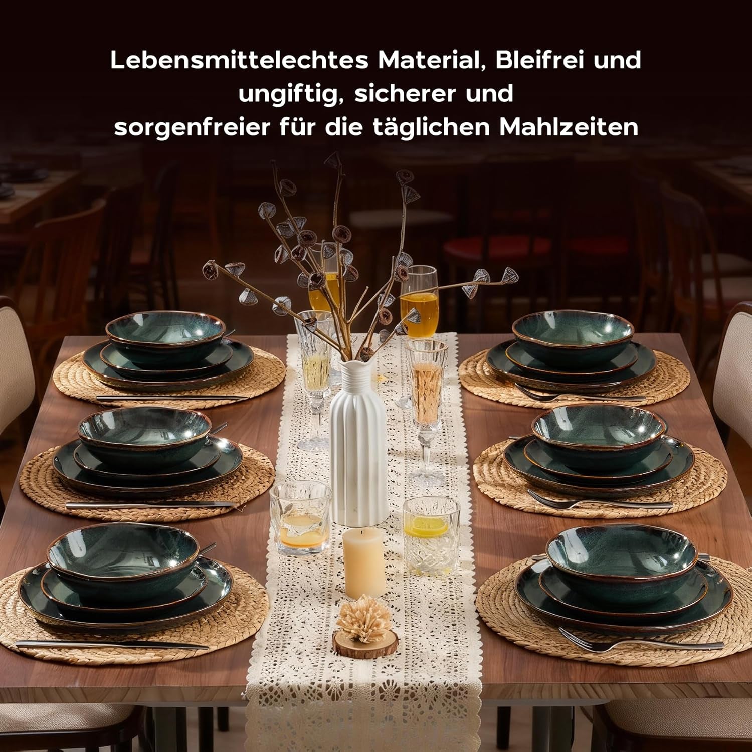 Set de veselă pentru 6 persoane, set de servire din gresie ceramică cu 24 de piese, set de veselă rotund neregulat cu farfurii, farfurii de desert, boluri pentru cereale, potrivit pentru cuptorul cu microunde și mașina de spălat vase, verde tundra reactiv