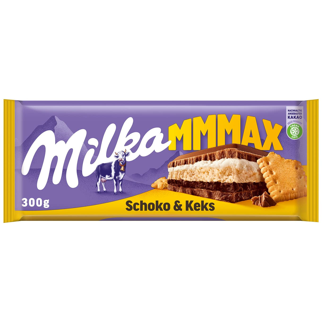 Milka Mmax Cioccolato e Biscotti – Cioccolato al latte alpino con ripieno di crema al latte e pezzi croccanti di biscotti – 300g