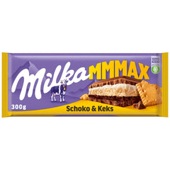 Milka Mmax Cioccolato e Biscotti – Cioccolato al latte alpino con ripieno di crema al latte e pezzi croccanti di biscotti – 300g