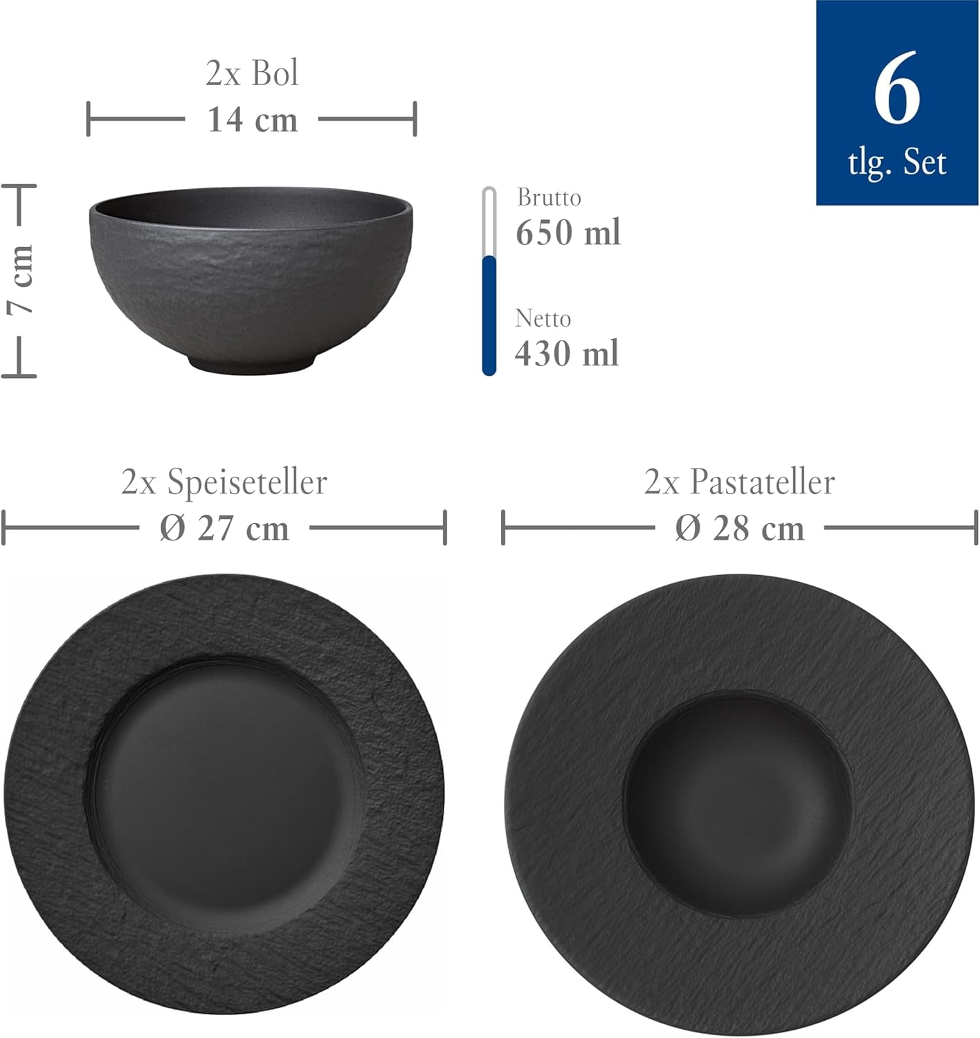 Villeroy & Boch – Manufacture Rock Starter-Set 6 Teilig Schwarz, Spülmaschinenfest, Mikrowellensicher, Geschirr Set Schwarz Matt, Tafelservice, Essgeschirr, Premium Porzellan Set di stoviglie Naty Shop
