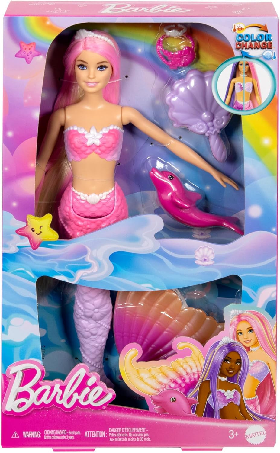 Păpușă sirenă BARBIE - inspirată din serialul TV "Barbie A Hidden Magic", cu efect de schimbare a culorilor și accesorii, păr roz lung de 19 cm pentru styling, pentru copii de la 3 ani, HRP97 Papusi Naty Shop