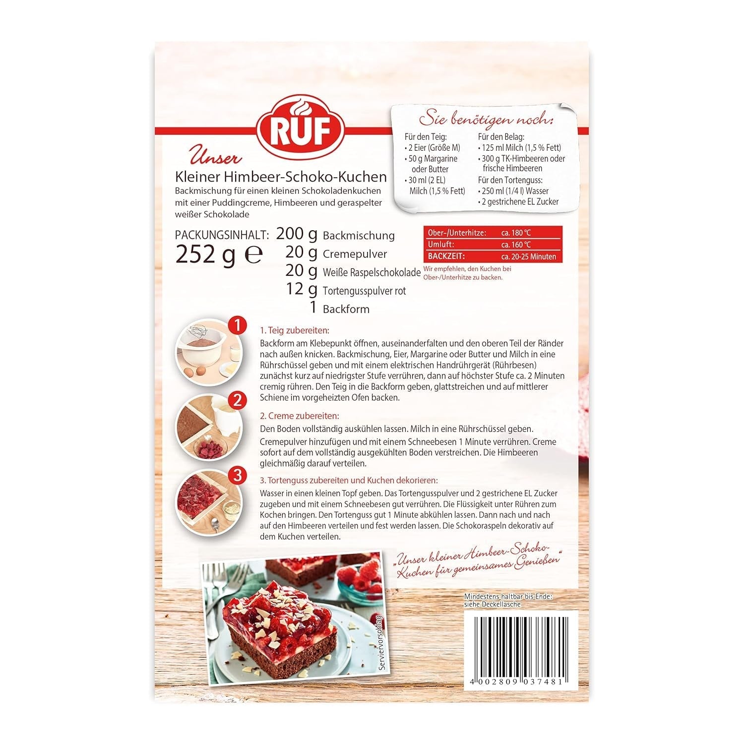 RUF Kleiner Himbeer-Schokokuchen, Mini-Kuchen Mit Feiner Puddingcreme, Himbeeren Und Weißen Schokoraspeln, Inkl. Backform, 1X252G Miscela per panificazione e cottura Naty Shop