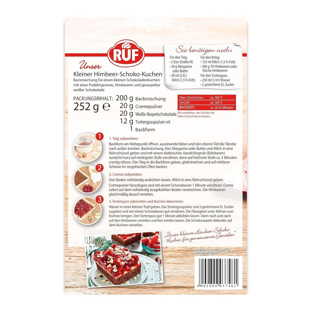 RUF Kleiner Himbeer-Schokokuchen, Mini-Kuchen Mit Feiner Puddingcreme, Himbeeren Und Weißen Schokoraspeln, Inkl. Backform, 1X252G Miscela per panificazione e cottura Naty Shop