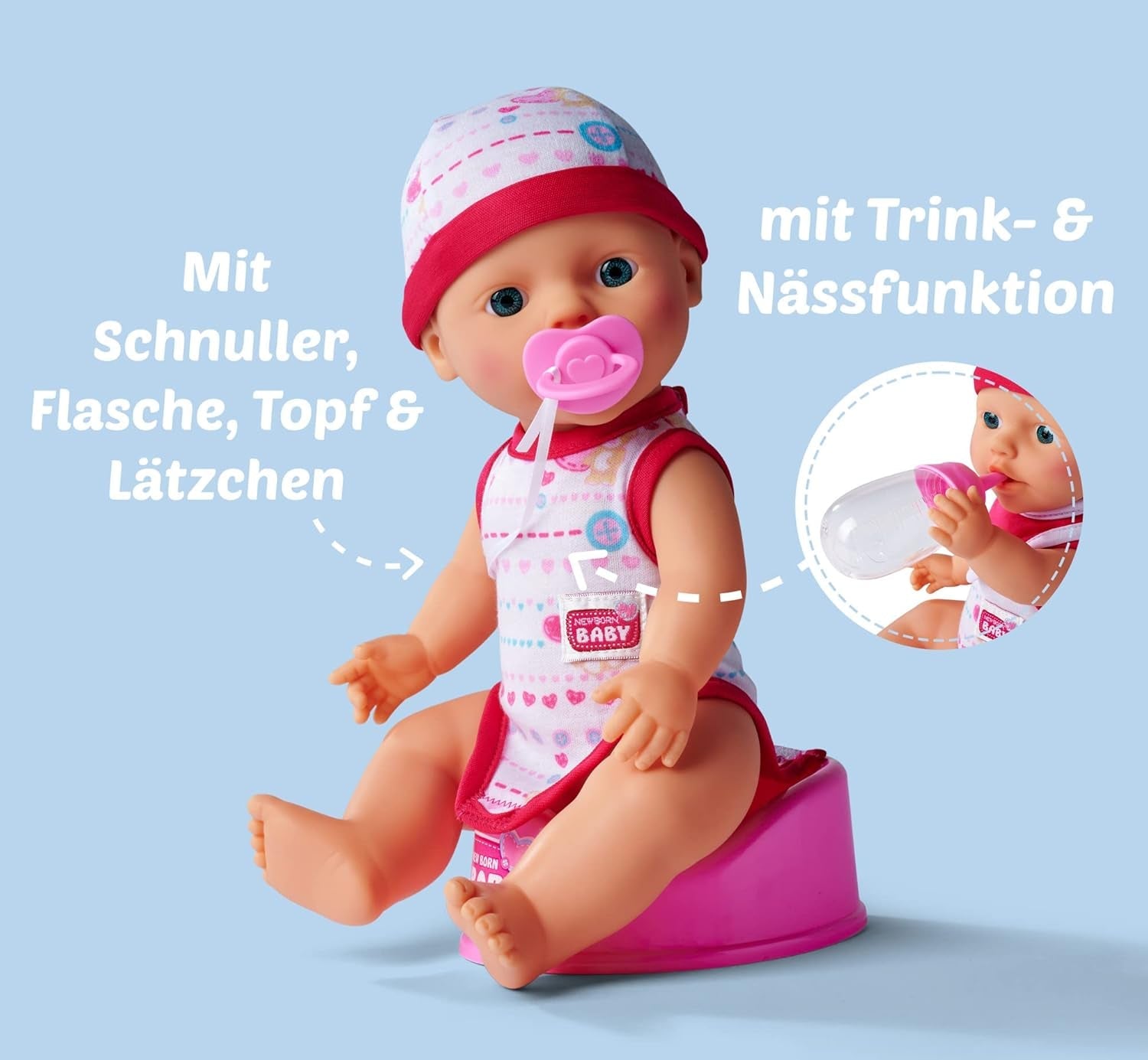 Simba 105037800 - New Born Babyset, 2-fach sortiert, es wird nur ein Artikel geliefert, Vollvinylpuppe mit Trink- und Nässfunktion, Schnuller, Flasche, Topf und Lätzchen, 30cm, ab 3 Jahren