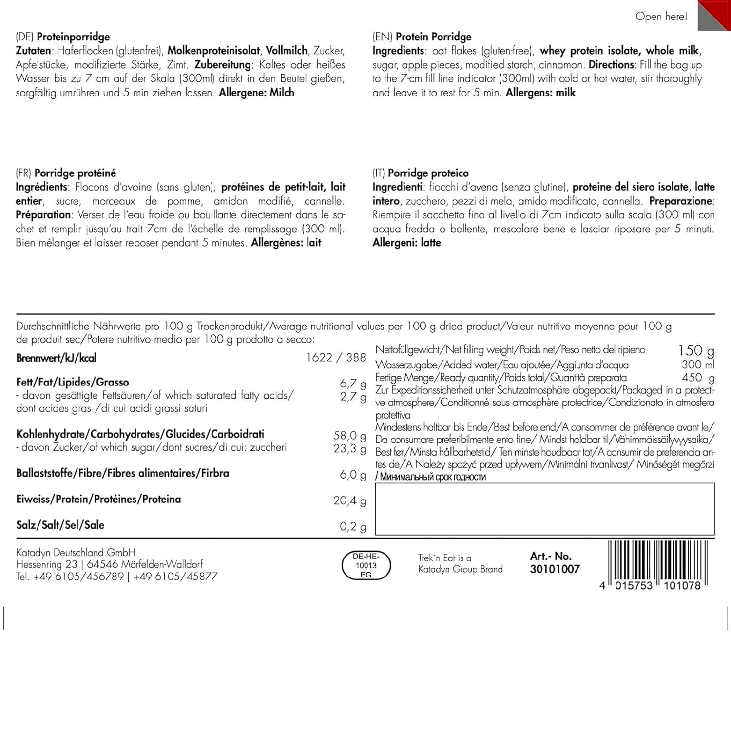 Porridge proteico Trek'n Eat – Colazione ad alto contenuto proteico per l'aria aperta | Tavolo liofilizzato per campeggio, escursionismo e spedizioni | Farcito, veloce da preparare, ideale per viaggiare