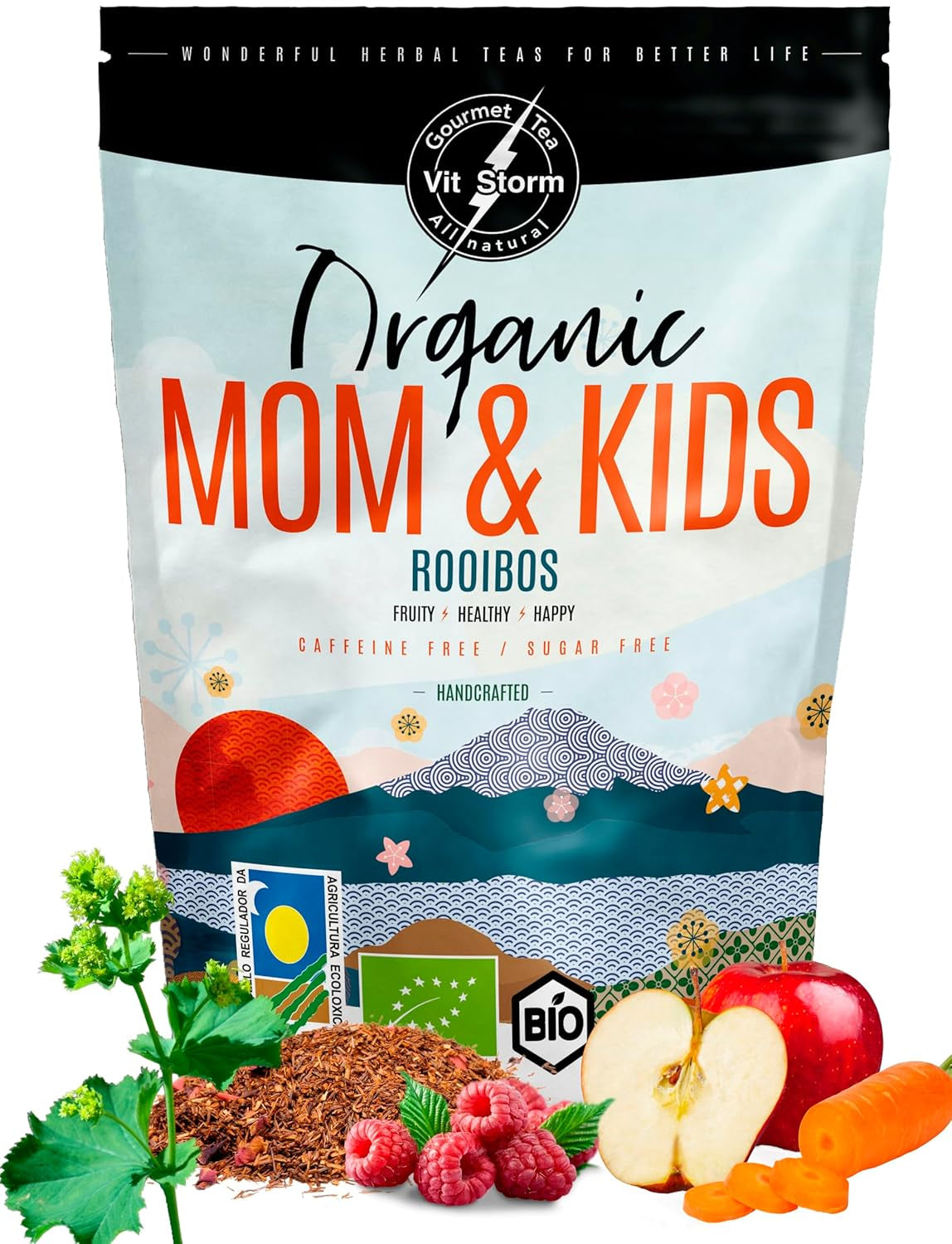 VITSTORM® BIO TEE Mom &amp; Kids – Ceai pentru femei și alăptare – Rooibos, mere, fenicul, melisă, alchemilla, căpșuni – Ceai relaxant - Fructat și delicios - Fără cofeină - Ceai din plante 100 g