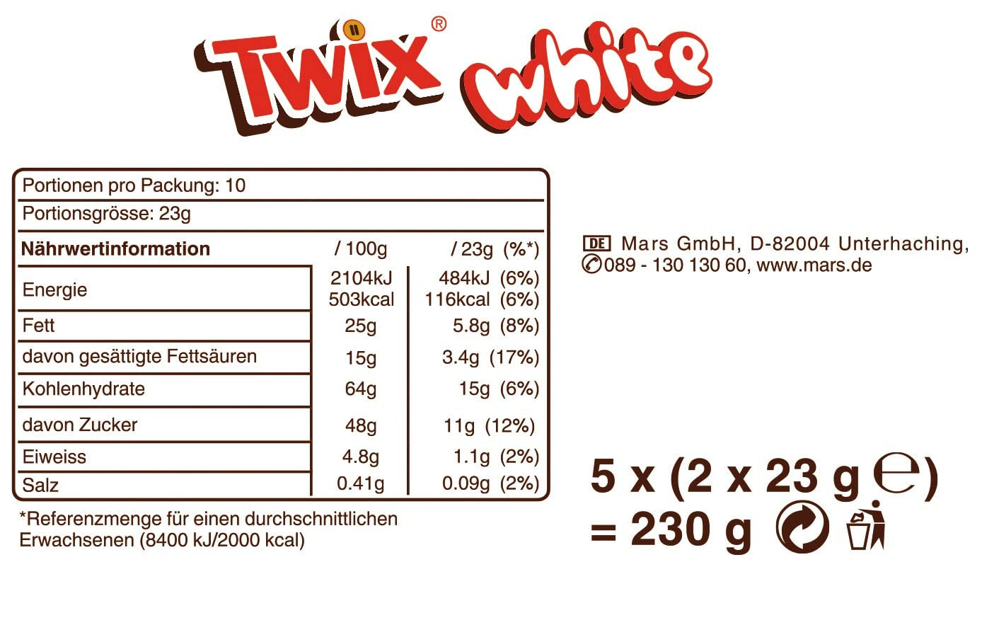 Tavolette di cioccolato bianco Twix; caramello, biscotti, cioccolato bianco; confezione multipla di cioccolatini; 5 barrette (5 x 46 g)
