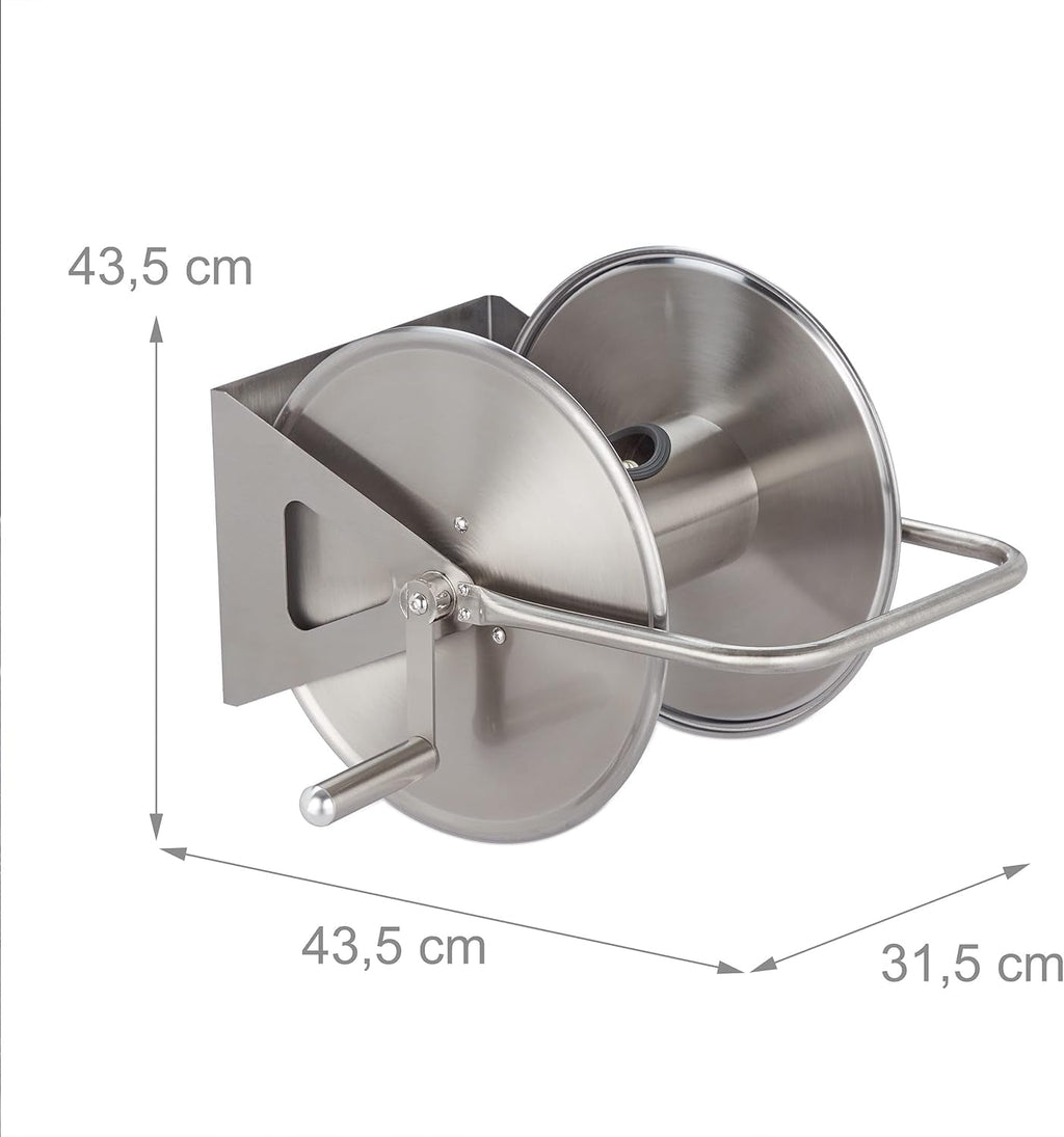 Relaxdays Rolă furtun din oțel inoxidabil, înfășurare furtun gol, montare pe podea și perete, pentru furtun de grădină de 40 m, rolă furtun, argintiu, 43,5 x 43,5 x 31,5 cm