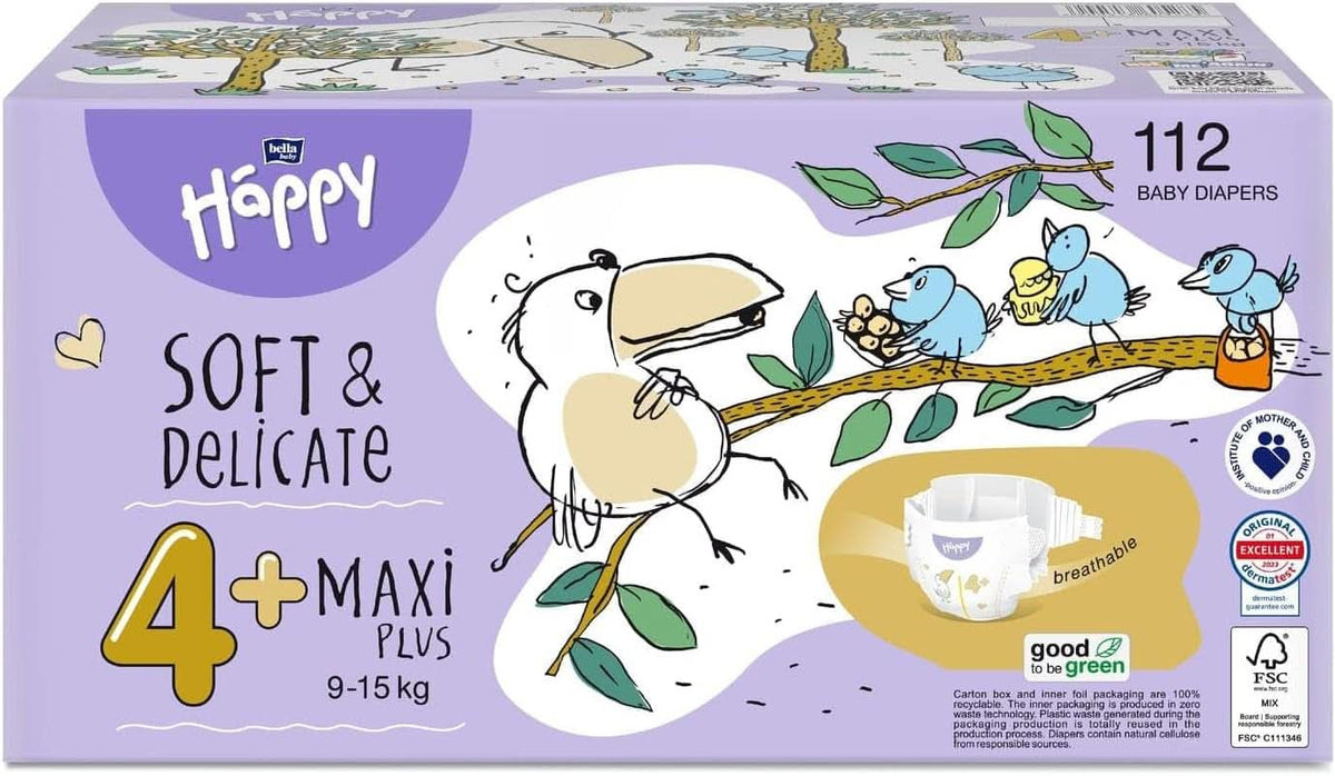 Pannolini Bella Baby Happy Soft & Delicate taglia 4+ Maxi plus 9-15 kg HAPPY BOX 112 pz. Negozio Naty Madre e Bambino