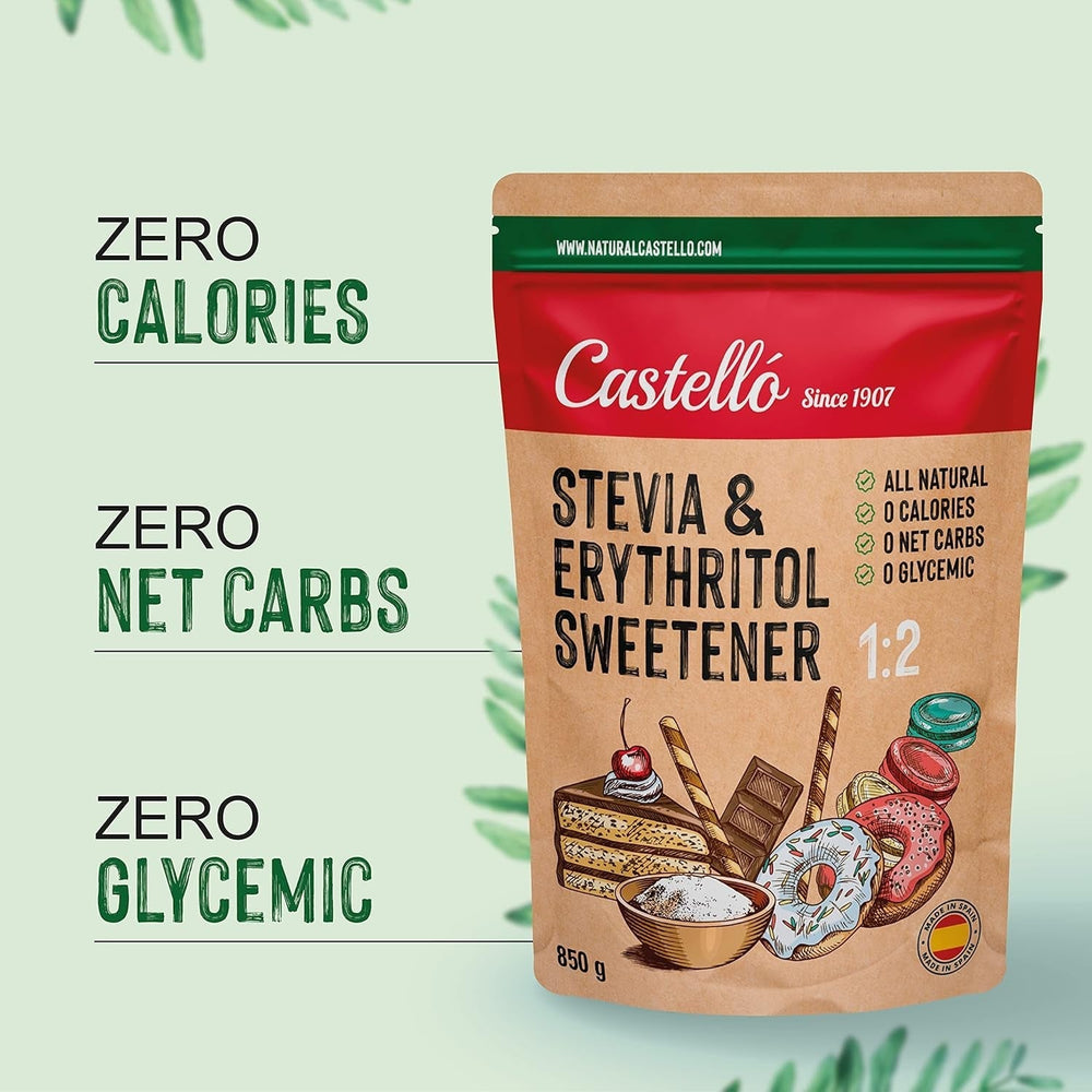 Stevia + eritritolo 1:2 sostanza nutriente | 1G = 2GZucker | 100% Zuckerersatz naturale - 0 Kalorien - 0 Glykämischer Index - Keto und Paleo - 0 Netto-Kohlenhydrated - Kein GVO - Castello since 1907 - 850 G Dolcificanti Naty Shop