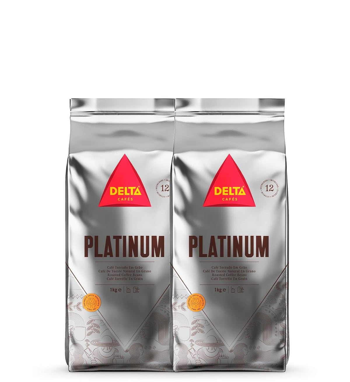 Cafea boabe Delta Cafés Platinum, 1 kg, 2 bucăți, Intensitate 12, amestec Arabica-Robusta