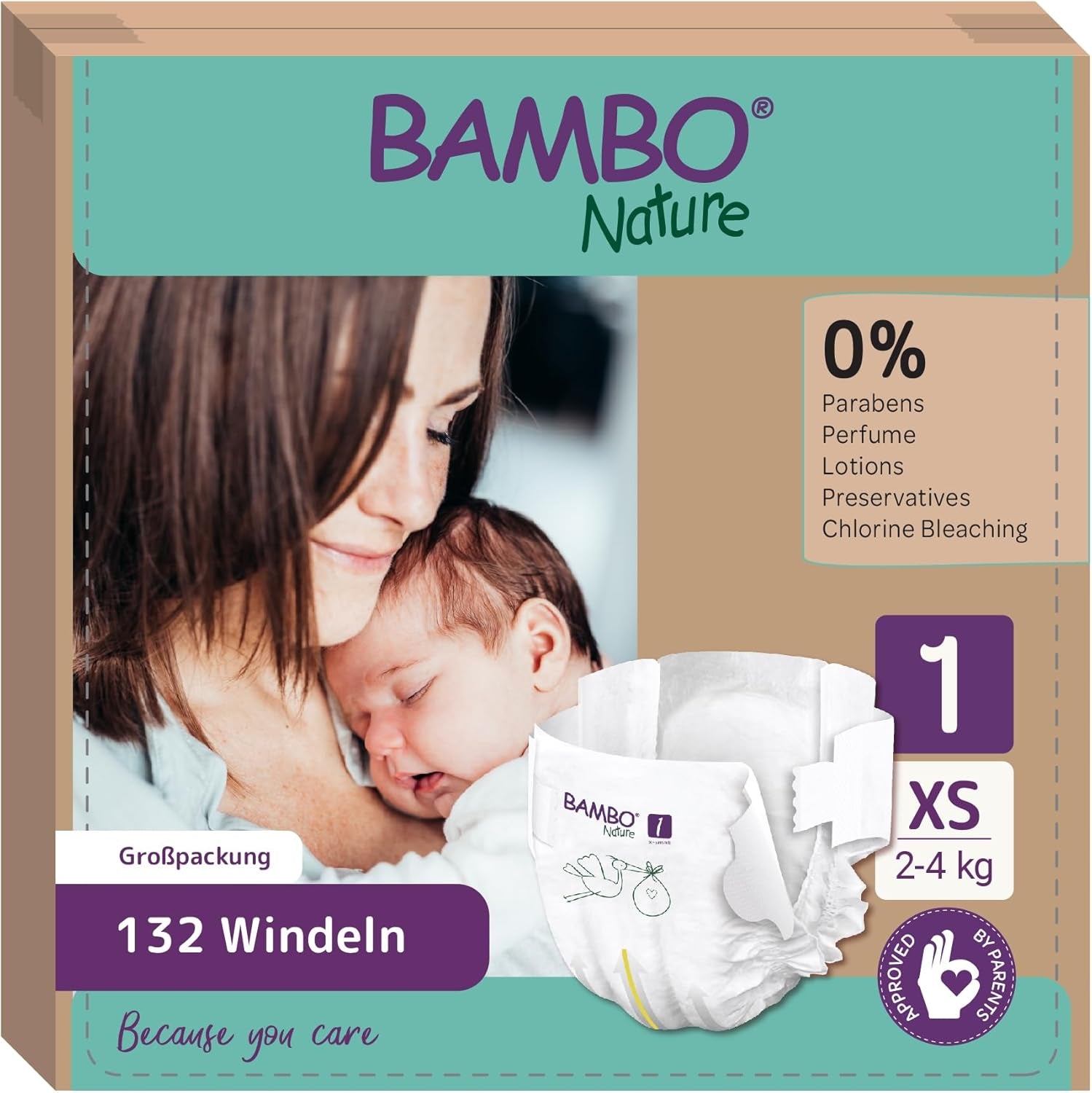 Pannolini per bambini Bambo Nature, taglia 1 (2-4 kg), confezione mensile da 132 pezzi | Pannolini Premium con protezione dalle perdite migliorata | Massimo comfort e libertà per i neonati | Pannolini dermatologicamente testati