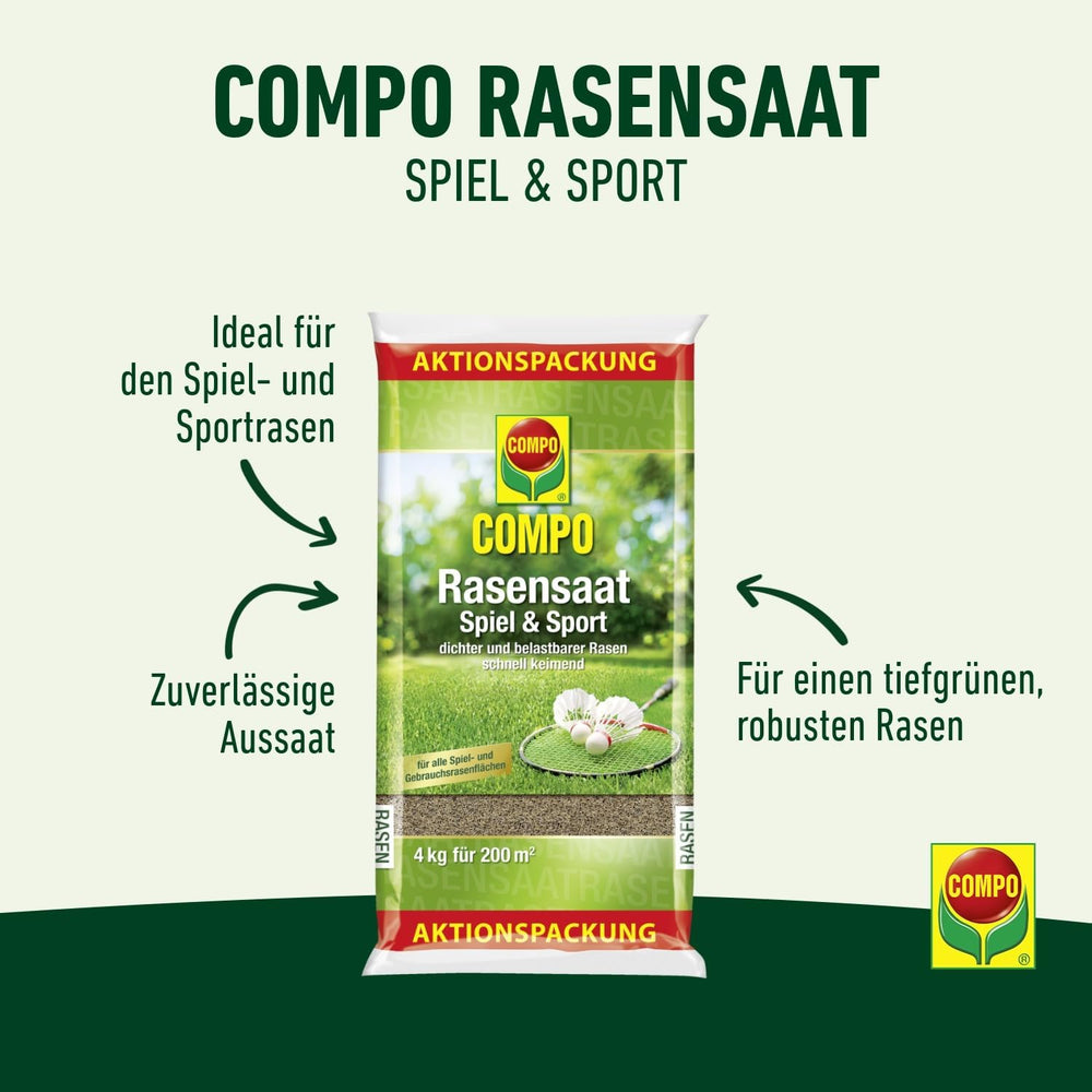 Compo Rasensaat Spiel Und Sport, Universelle Rasenmischung, 4 Kg, 200 M²