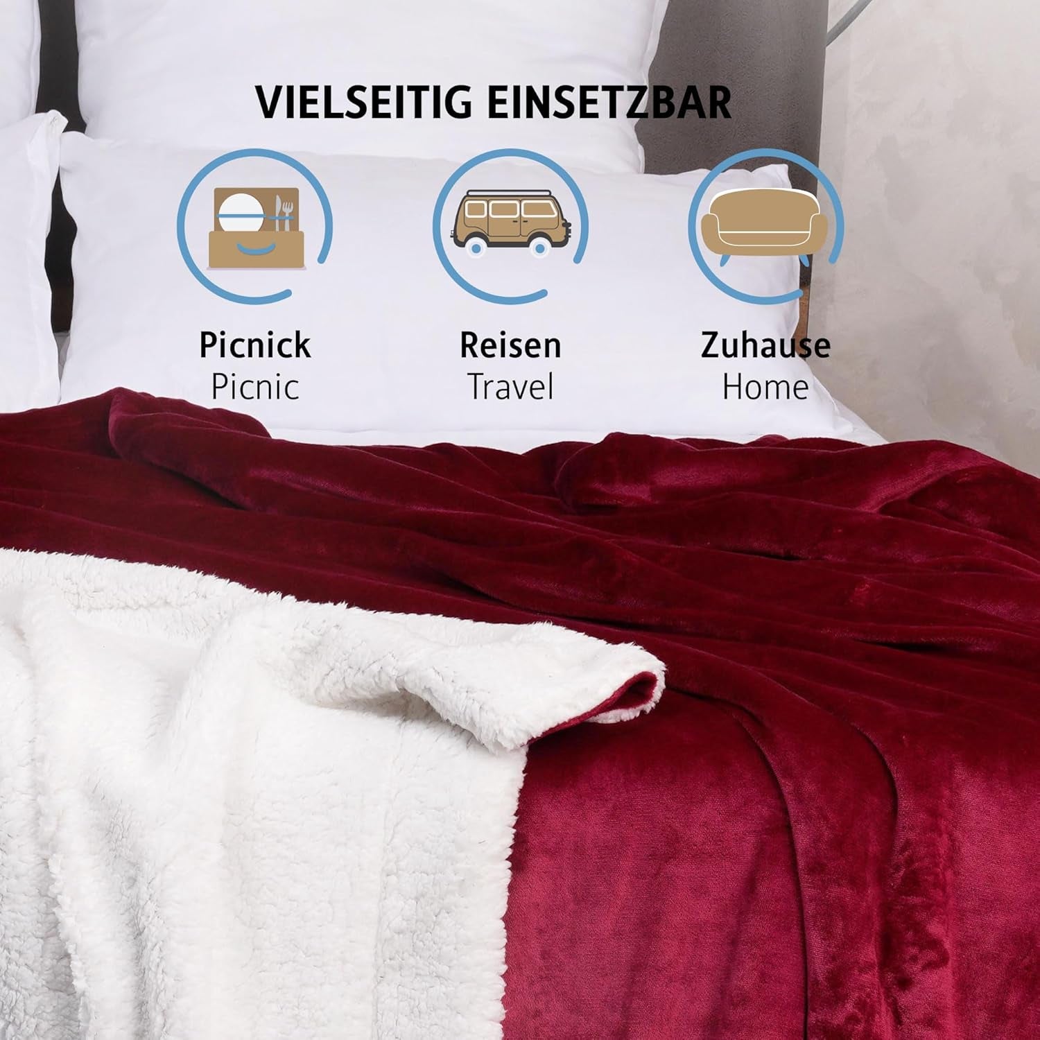 Komfortec accogliente coperta 150X200 Cm, soffice coperta in pile certificata Oeko-Tex, calda coperta sherpa per il divano, coperta spessa per il divano, Letti e coperte bordeaux Besuche den Komfortec-Store