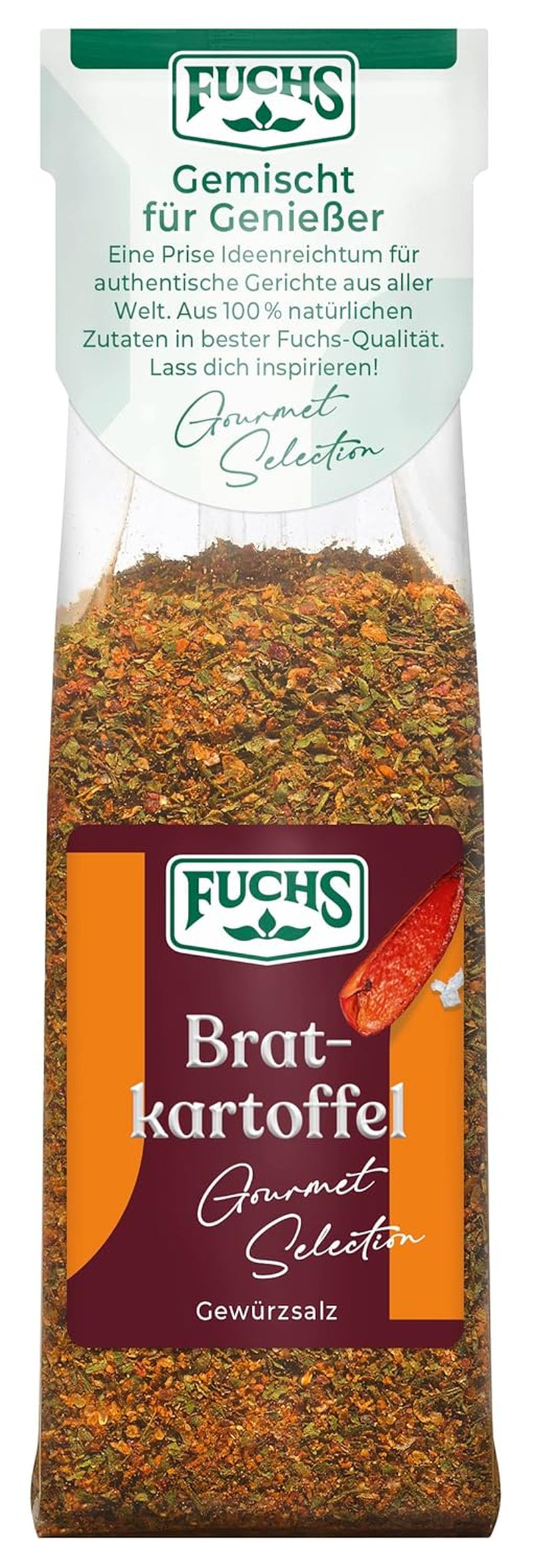 Fuchs Gourmet Selection Klassisch/Heimisch – Bratkartoffel Gewürzsalz, nachfüllbares Kartoffel Gewürz, Salz zum Würzen von Brat- & Ofenkartoffeln, Pommes Frites & Co, vegan, 70 g