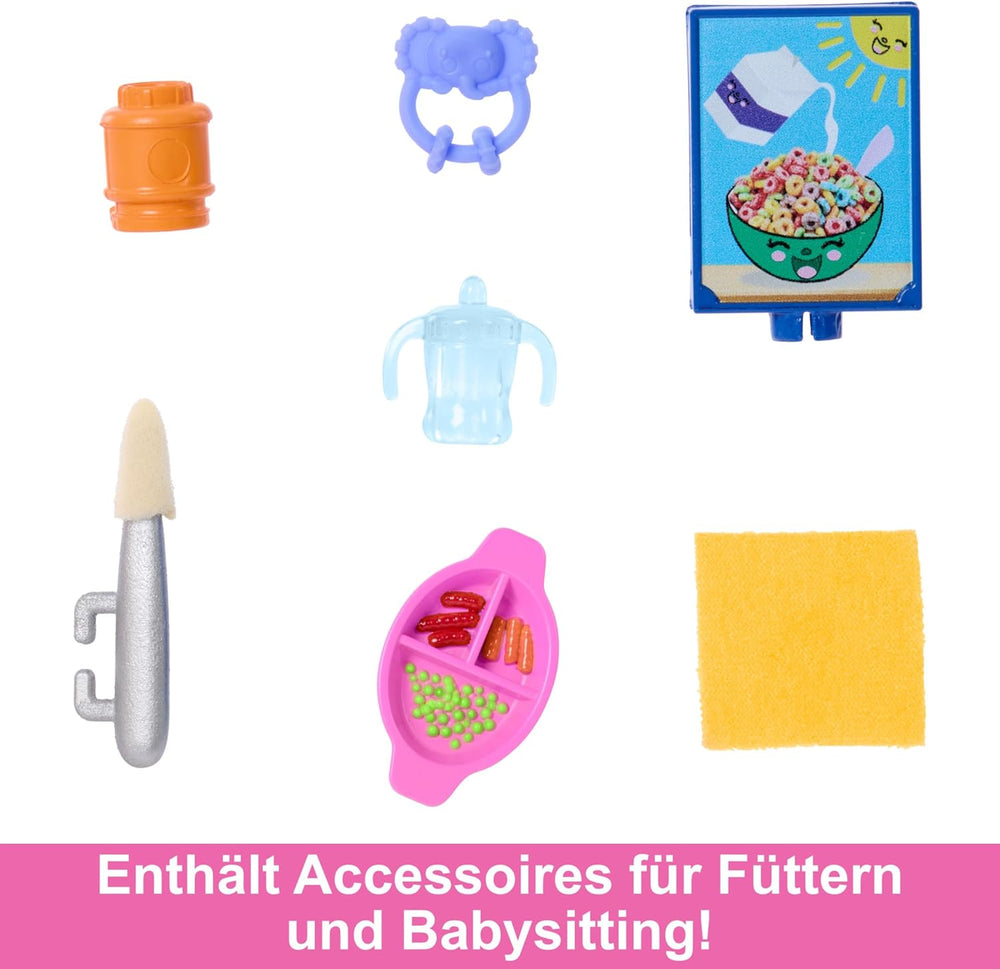 Păpușa Barbie Skipper și set de joacă cu accesorii, set de babysitting cu tematică alimentară, jucărie care își schimbă culoarea, HTK35