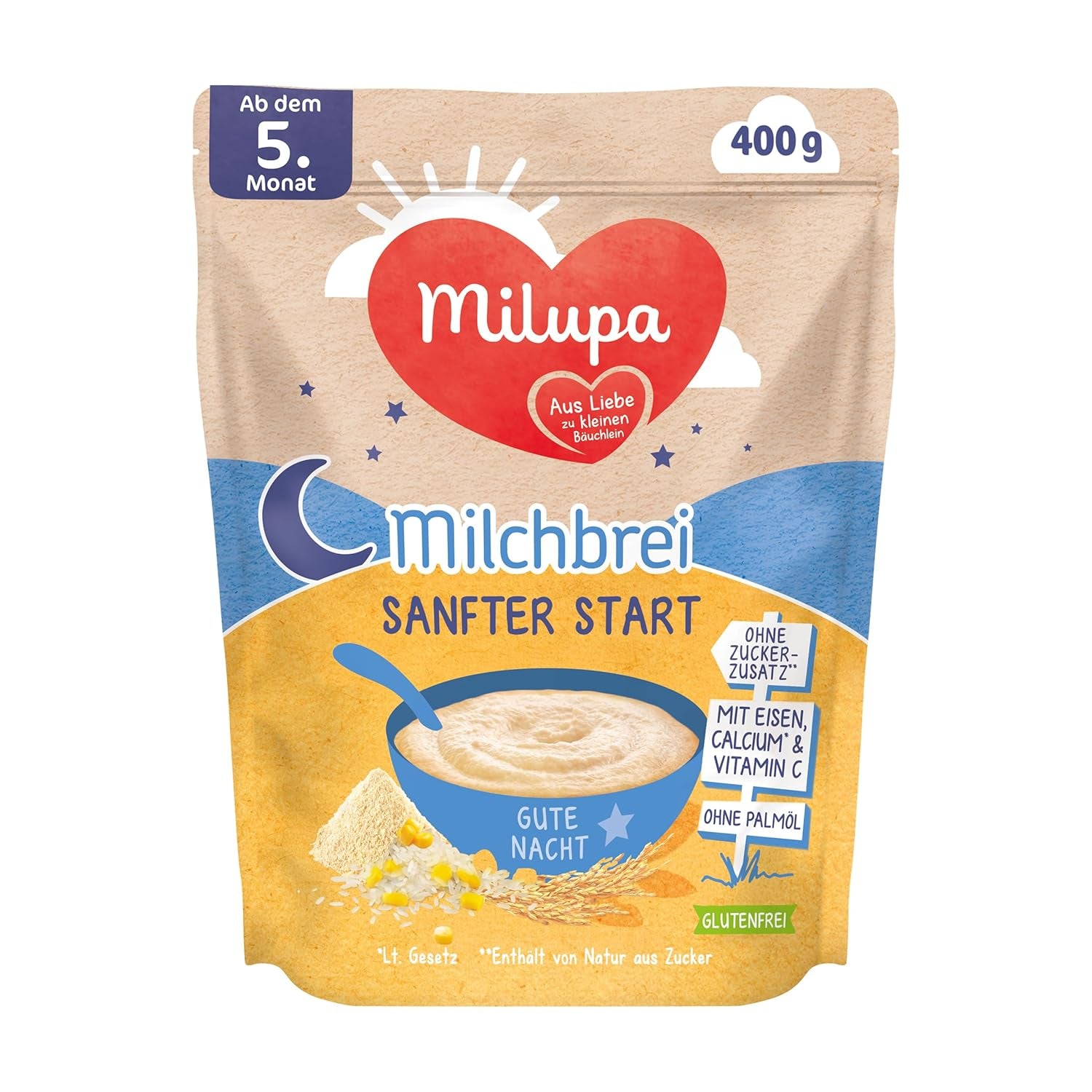 Porridge di latte Milupa Gentle Start - Cereali per neonati senza glutine, senza olio di palma - Senza conservanti e coloranti - Dai 5 mesi - 4 x 400 g