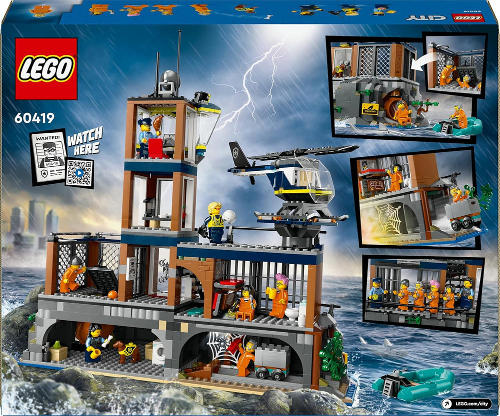 LEGO City Polizeistation auf der Gefängnisinsel, Polizei Spielzeug mit Hubschrauber, Boot und Hai, Set mit 7 Minifiguren und Hund, Geschenk zum Geburtstag für Jungen und Mädchen ab 7 Jahren 60419