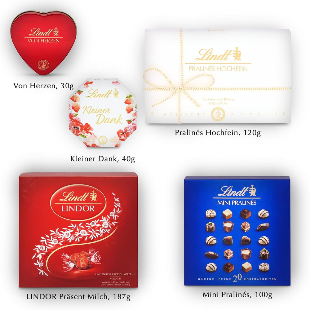 Set regalo con praline al cioccolato Lindt | 477g| 5 scatole di praline Lindt nelle varianti: Exquisite, Mini Praline, LINDOR Gift, Piccolo Grazie, Dal Cuore | Regalo pralinato | Regalo di cioccolato