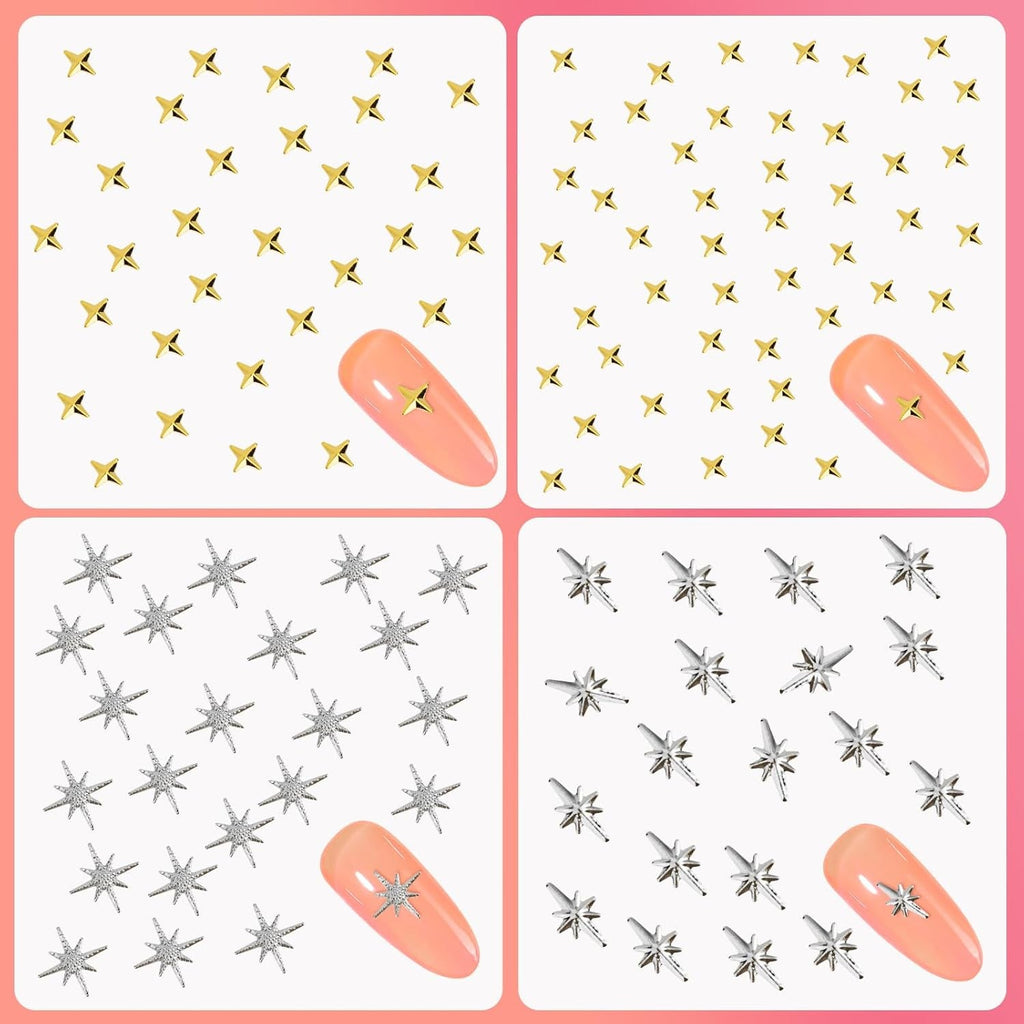 400 Stück Gold Silber Stern Nail Charms Nägel, 3D Metall Star Nagelkunst Dekorations, Star Nail Design Gemischt Größe Form Nägel Zubehör