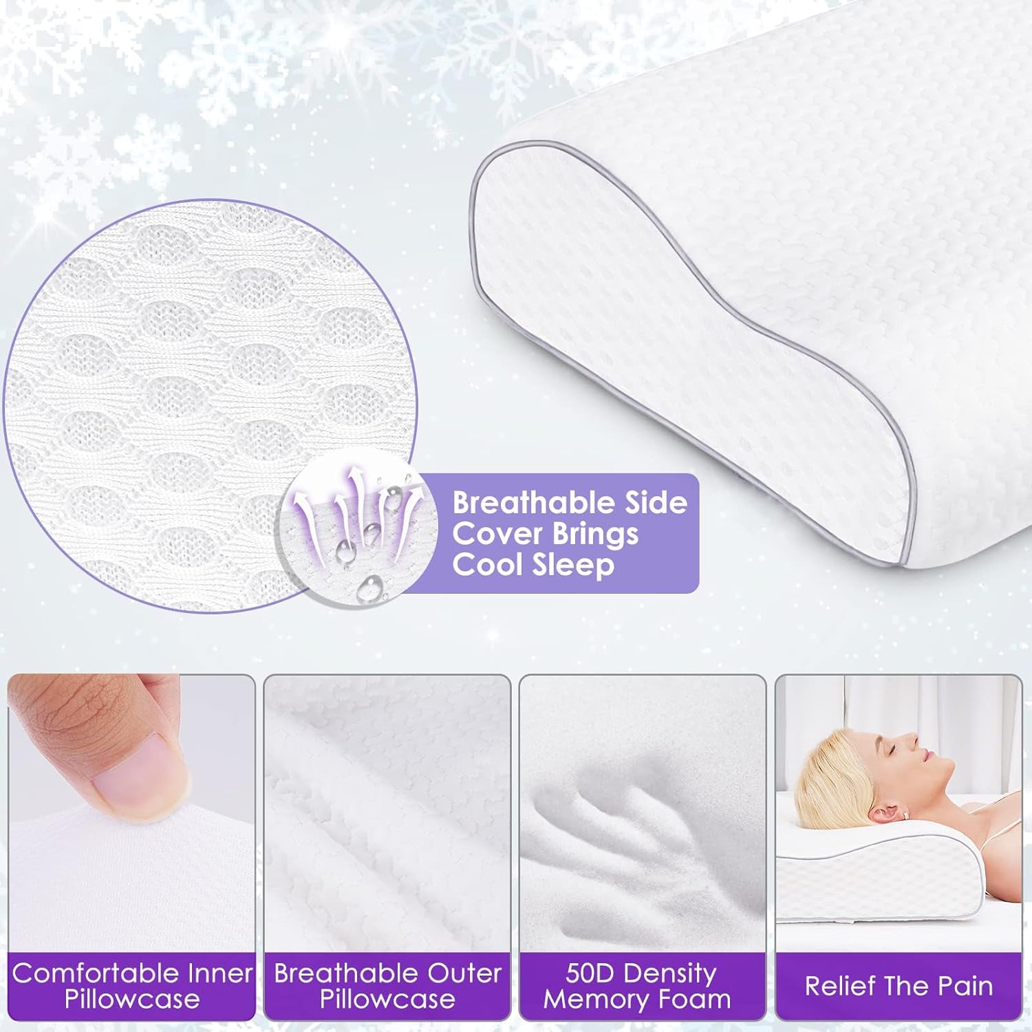 BDTFO Pernă din spumă de memorie pentru dureri de gât, pernă ortopedică de contur cervicală Suport pentru gât pentru spate, stomac, dormit lateral cu capac lavabil respirabil cu fermoar Perne ortopedice cervicale Naty Shop