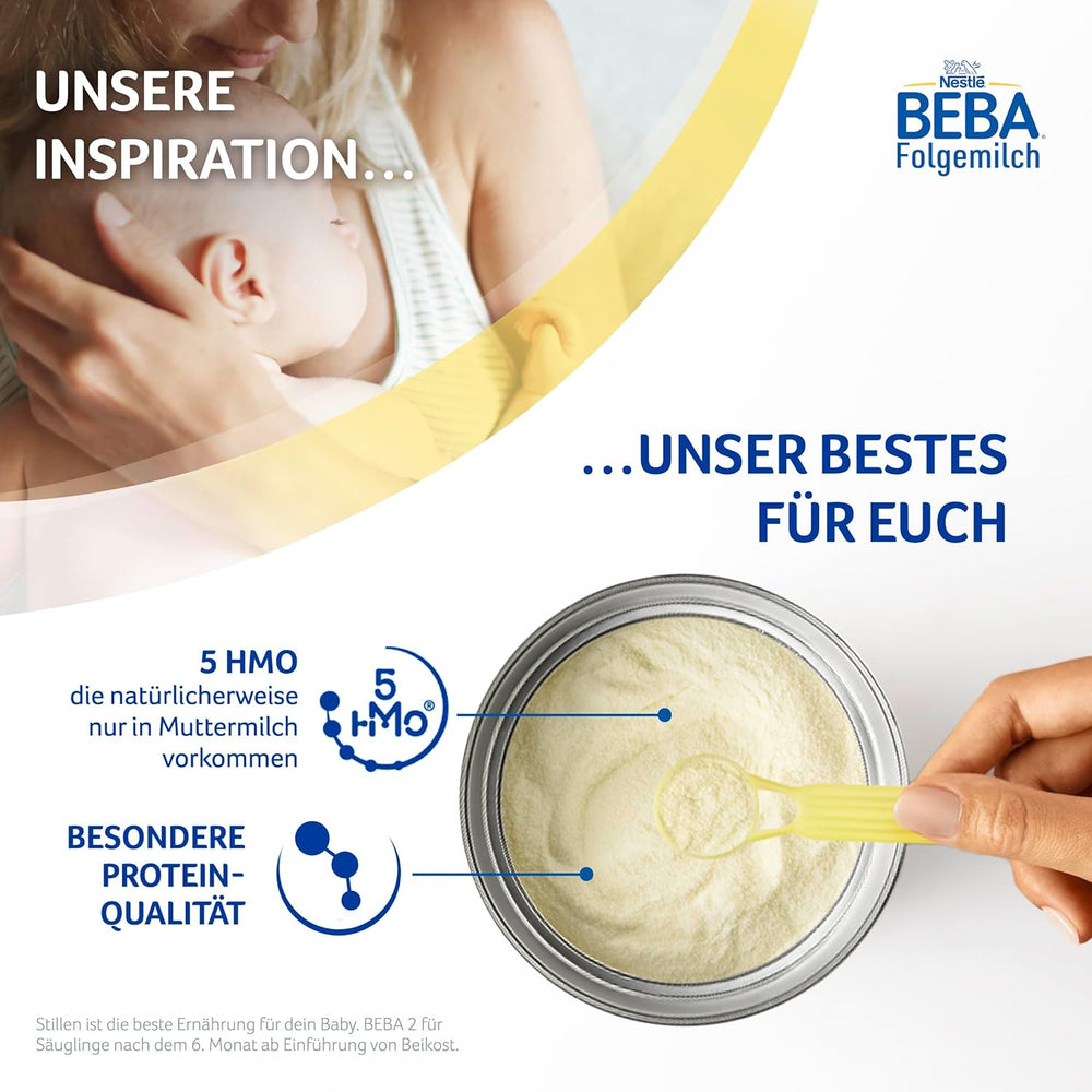 BEBA 2 - Latte di proseguimento dopo 6 mesi, con complesso 5 HMO, contenuto proteico adatto all'età, senza lattosio, senza olio di palma, senza olio di pesce, alimenti per l'infanzia, latte in polvere per bambini, confezione da 3 (3 x 800 g)