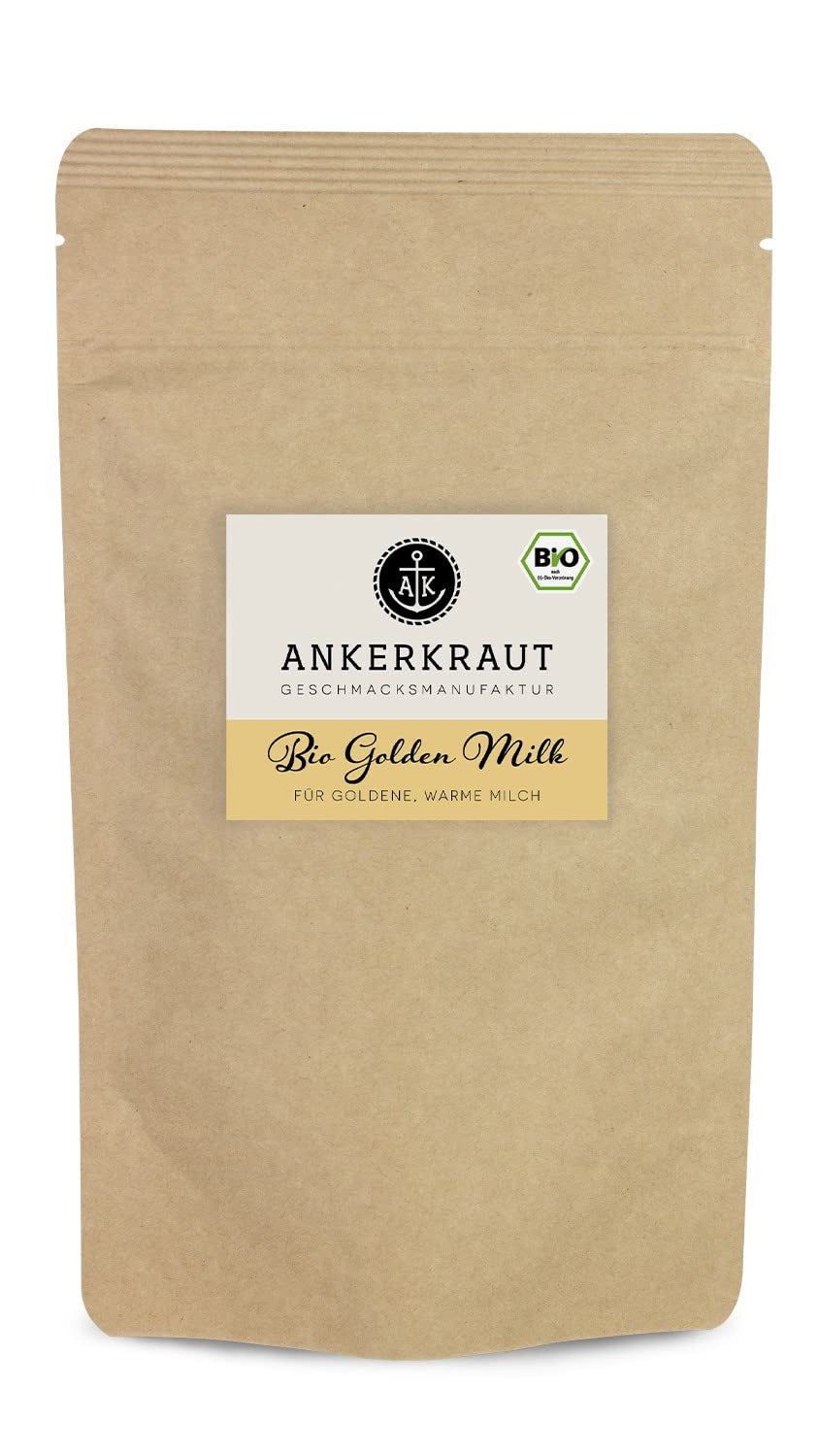 Ankerkraut Bio Golden Milk, Gewürz für goldene Milch, con curcuma, Zimt und Ingwer, 75 g in bicchiere di sughero