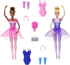 Barbie Ballettstudio Set mit 2 Puppen und 9 Zubehörteilen, blonde und brünette Ballerina-Modepuppen mit zusätzlichem Outfit und zum Tanzmotto passenden Teilen, HXC37, [Mehrfarbig]