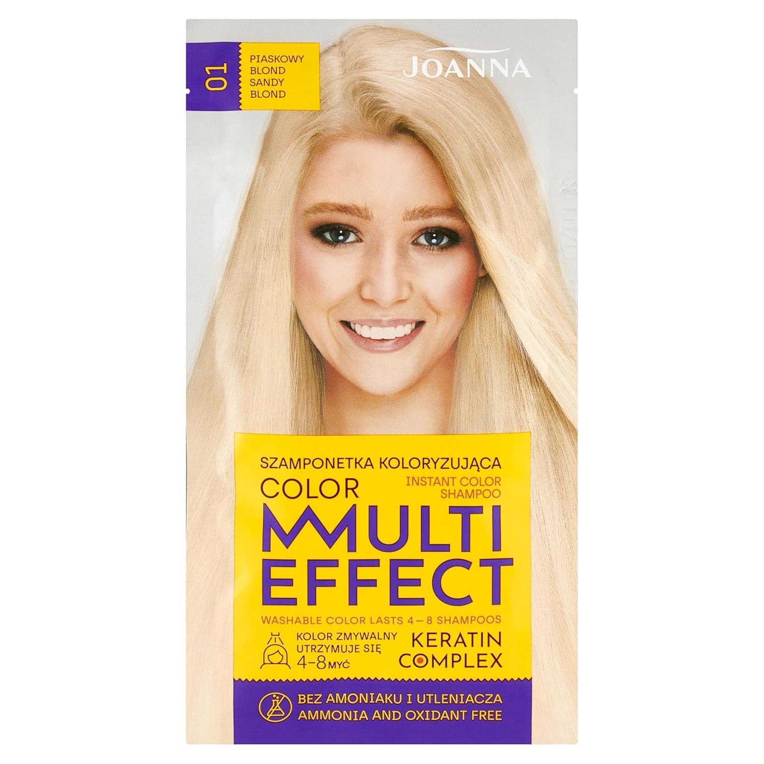 Șampon colorant Joanna "Multi Effect" - Șampon colorant pentru păr într-un plic - Rezistă între 4 și 8 spălări - Colorarea părului fără amoniac și agenți oxidanți - Cappuccino aromat Vopsea pentru par Naty Shop Blond nisip