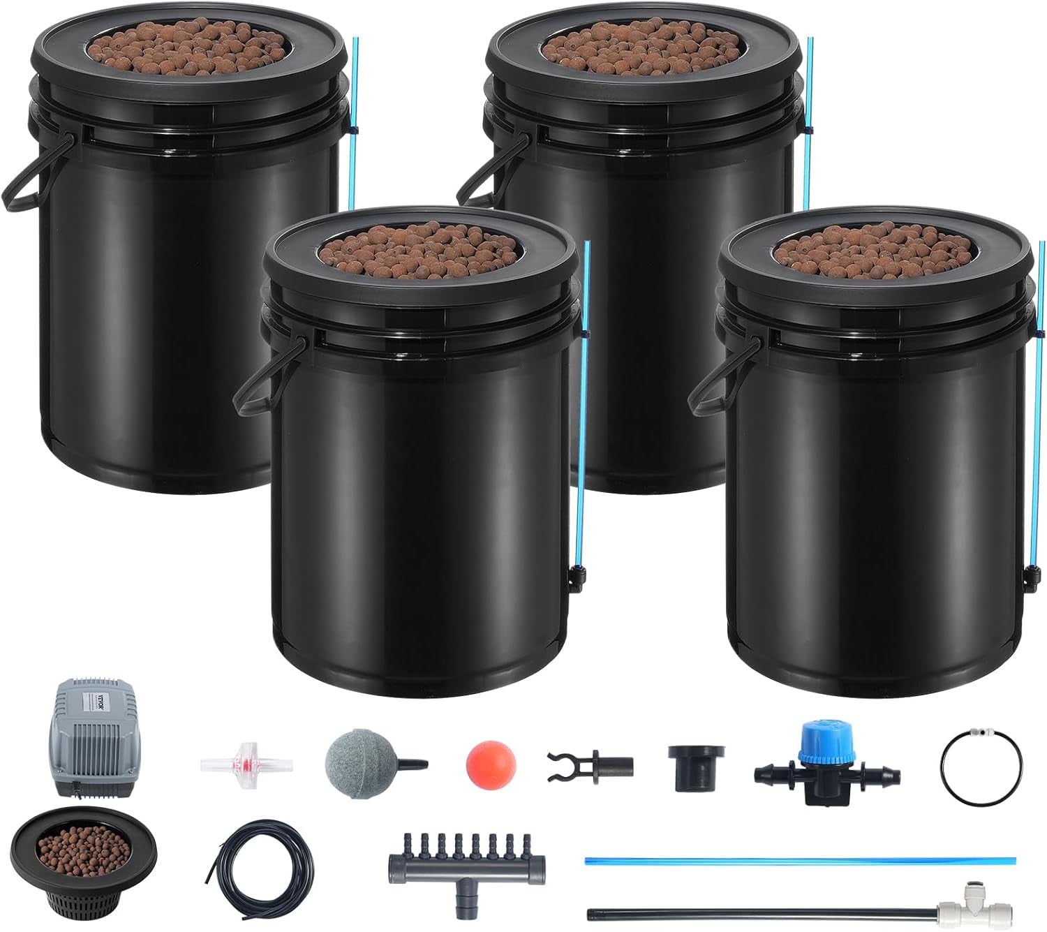 VEVOR DWC Sistema di Coltivazione Idroponica Kit Drip Pot Sistemi di Coltivazione Idroponica Coltivazione in Acque Profonde 4 Secchi da 20 Litri con Pompa ad Aria Pietre porose e Indicatore del Livello dell'Acqua per Verdure a Foglia Verde