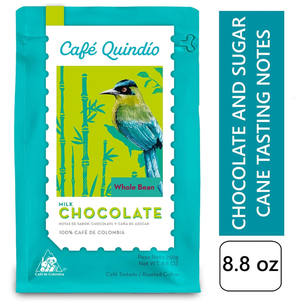 Cafe Quindio Specialty Coffee - boabe de cafea 100% Arabica, Columbia - cu note naturale de aromă de ciocolată cu lapte (250g) - ideală pentru cafea filtrată, aparate portafilter sau aparate de cafea complet automate