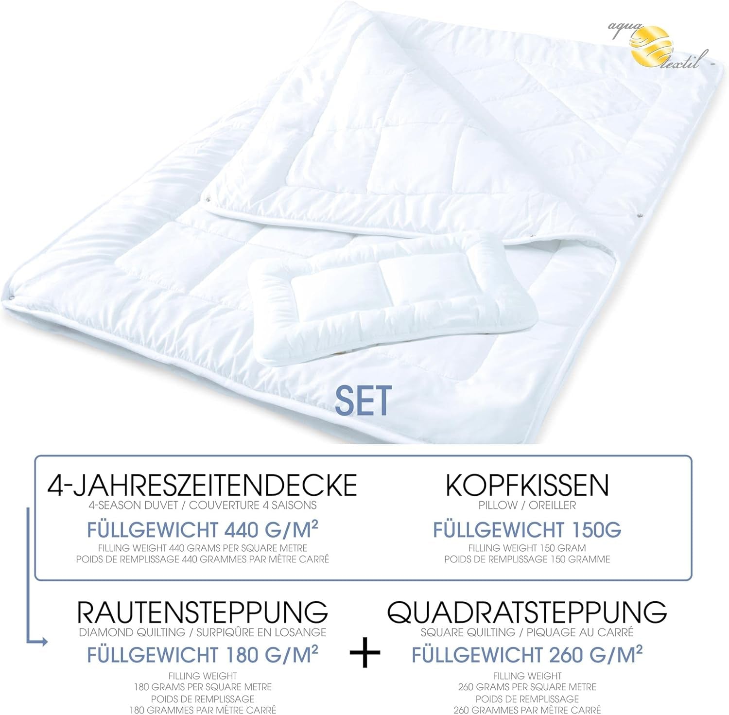 Aqua-Textil Soft Touch Set per bambini Piumino 100 X 135 Cm 250G e 350G con cuscino 40 X 60 Cm 150G Piumino 4 stagioni Termoautonomo Oeko-Tex Piumini e Trapunte Naty Shop