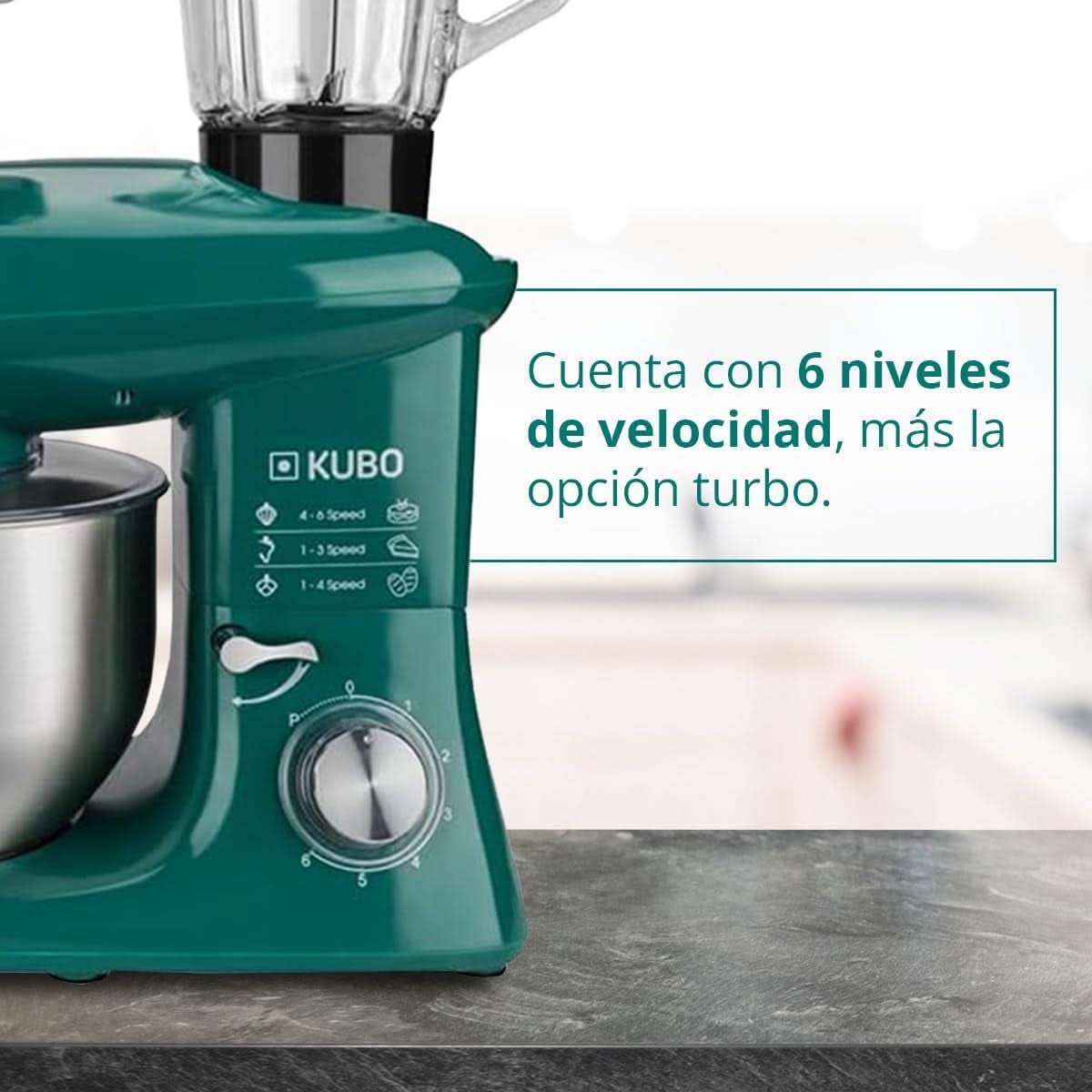 Küchenmaschine - 7 Zubehörteile: Mixbecher, Fleischwolf, Große Schüssel, Schutzdeckel, Schneebesen, Mixer Und Netmaschine - Farbe: Grün - Fassungsvermögen: 6 Liter Mother and Child Naty Shop