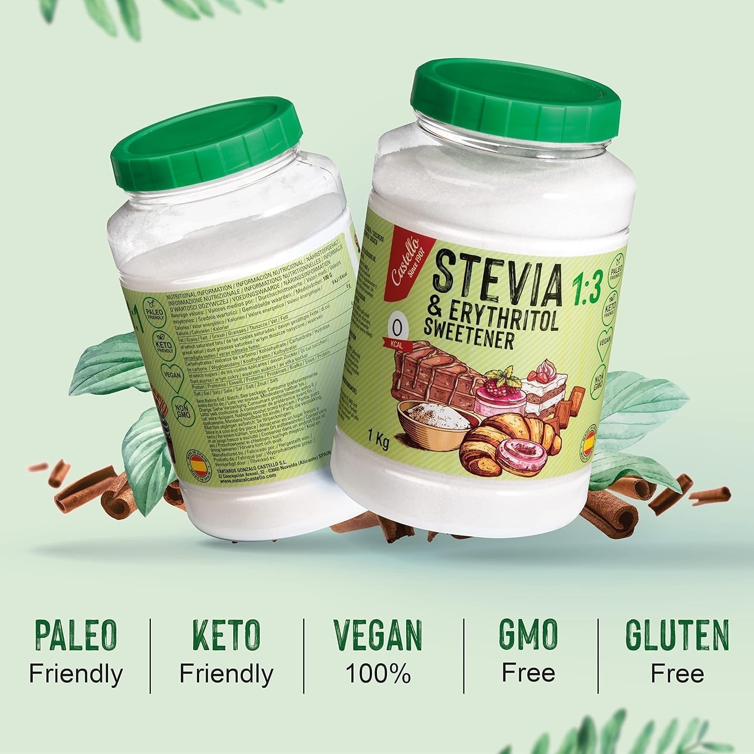 Stevia + eritritolo 1:3 sostanza nutriente | 1G = 3GZucker | 100% Zuckerersatz naturale - 0 Kalorien - 0 Glykämischer Index - Keto und Paleo - 0 Netto-Kohlenhydrated - Kein GVO - Castello since 1907-1 Kg Dolcificanti Naty Shop