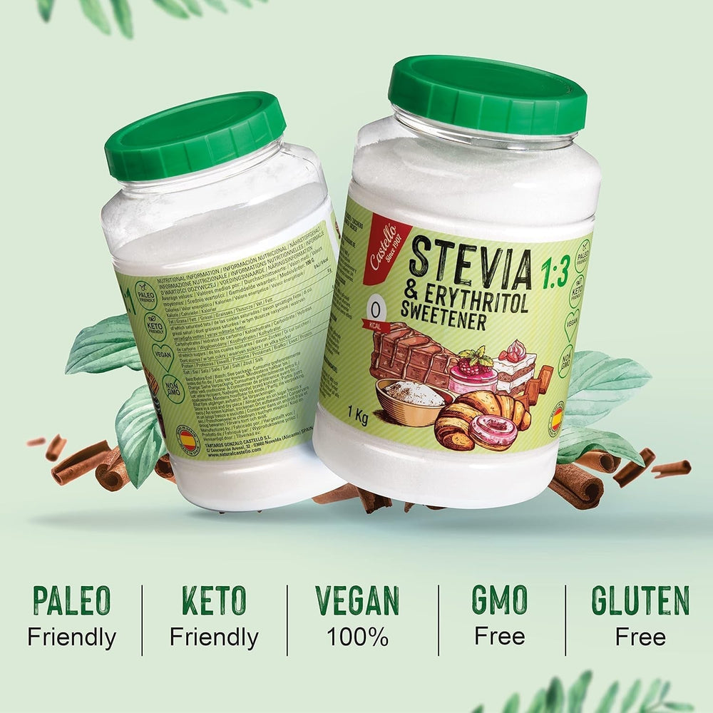 Stevia + eritritolo 1:3 sostanza nutriente | 1G = 3GZucker | 100% Zuckerersatz naturale - 0 Kalorien - 0 Glykämischer Index - Keto und Paleo - 0 Netto-Kohlenhydrated - Kein GVO - Castello since 1907-1 Kg Dolcificanti Naty Shop