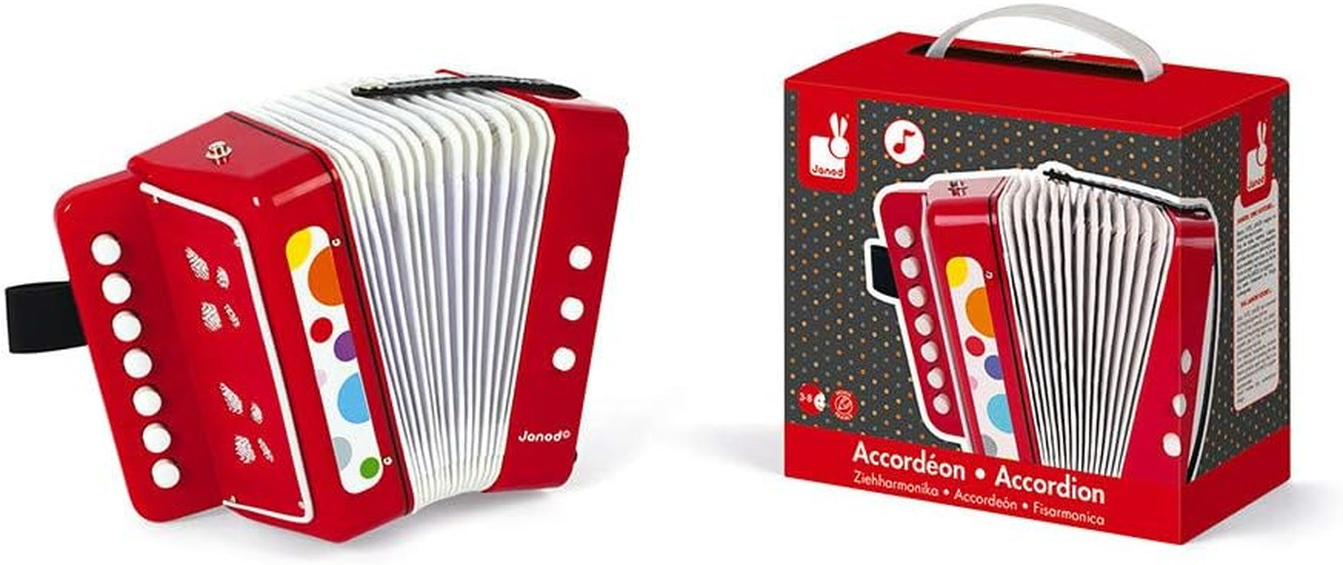 Janod - Acordeon Confetti, instrument muzical pentru copii, replică de jucărie și jucărie pentru percepție muzicală, curea de prindere, roșu, de la 3 ani, J07620 Jucarii Bebe Naty Shop